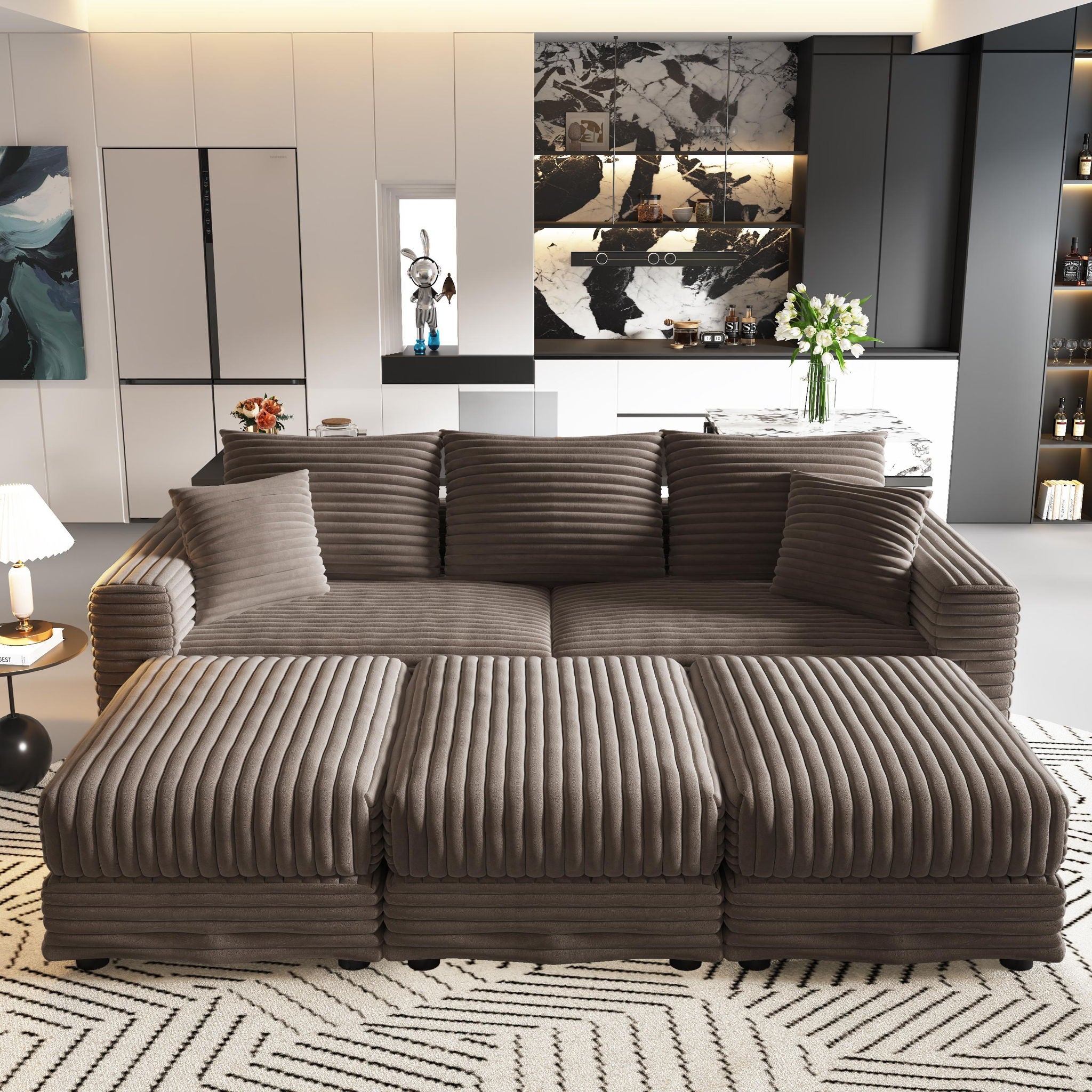 Deep Seat Convertible Sofa With Soft Pillows And Ottomans