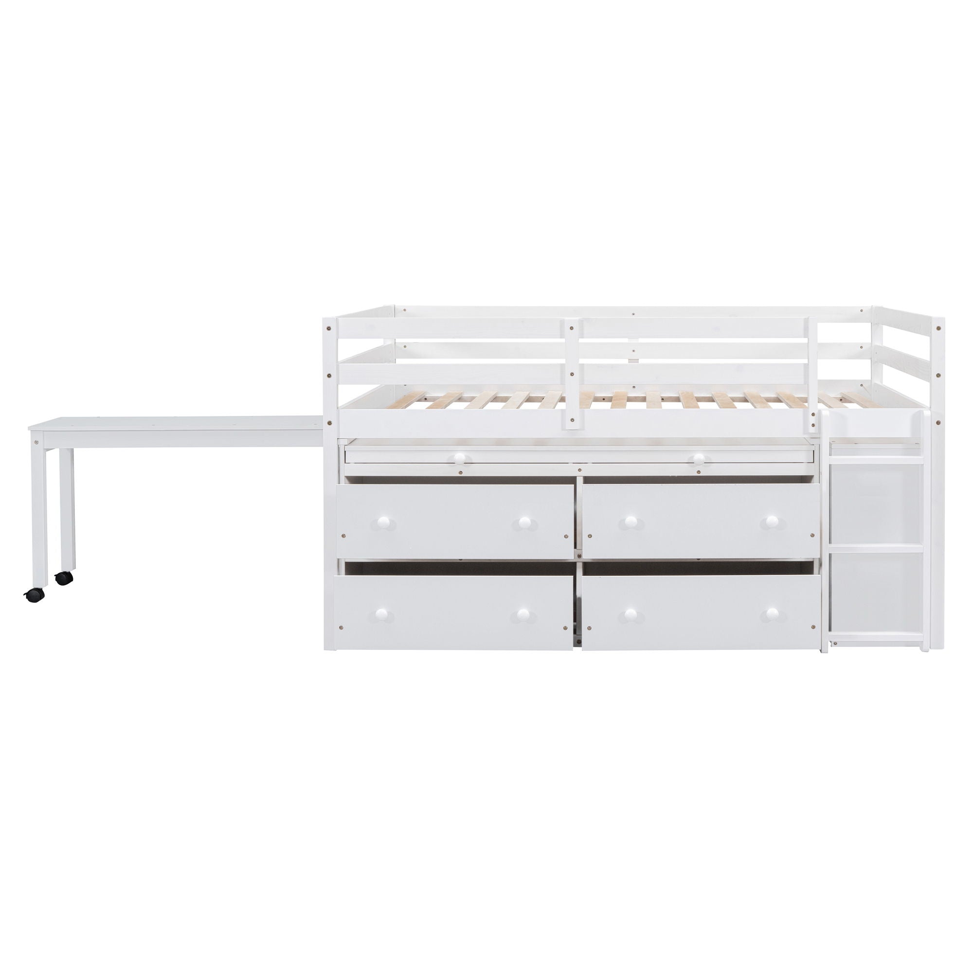 Loft Bed With Retractable Writing Desk And 4 Drawers, With Lateral Portable Desk And Shelves