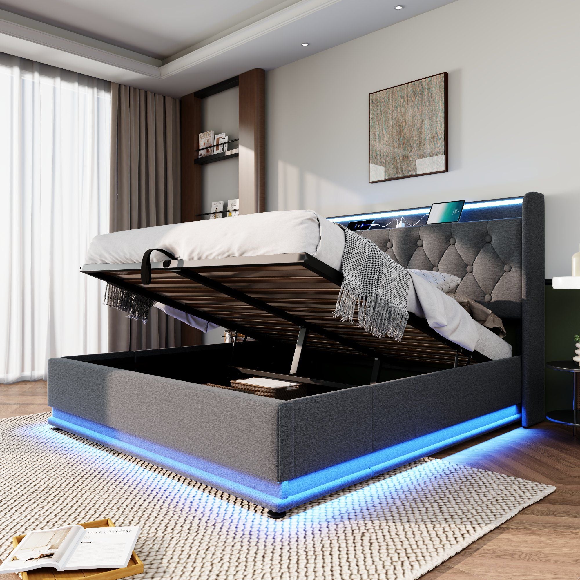 Upholstered Bed, 360 Surround LED Function, Remote Control, Hydraulic Storage Bed With USB, Type-C Charging (Without Mattress)
