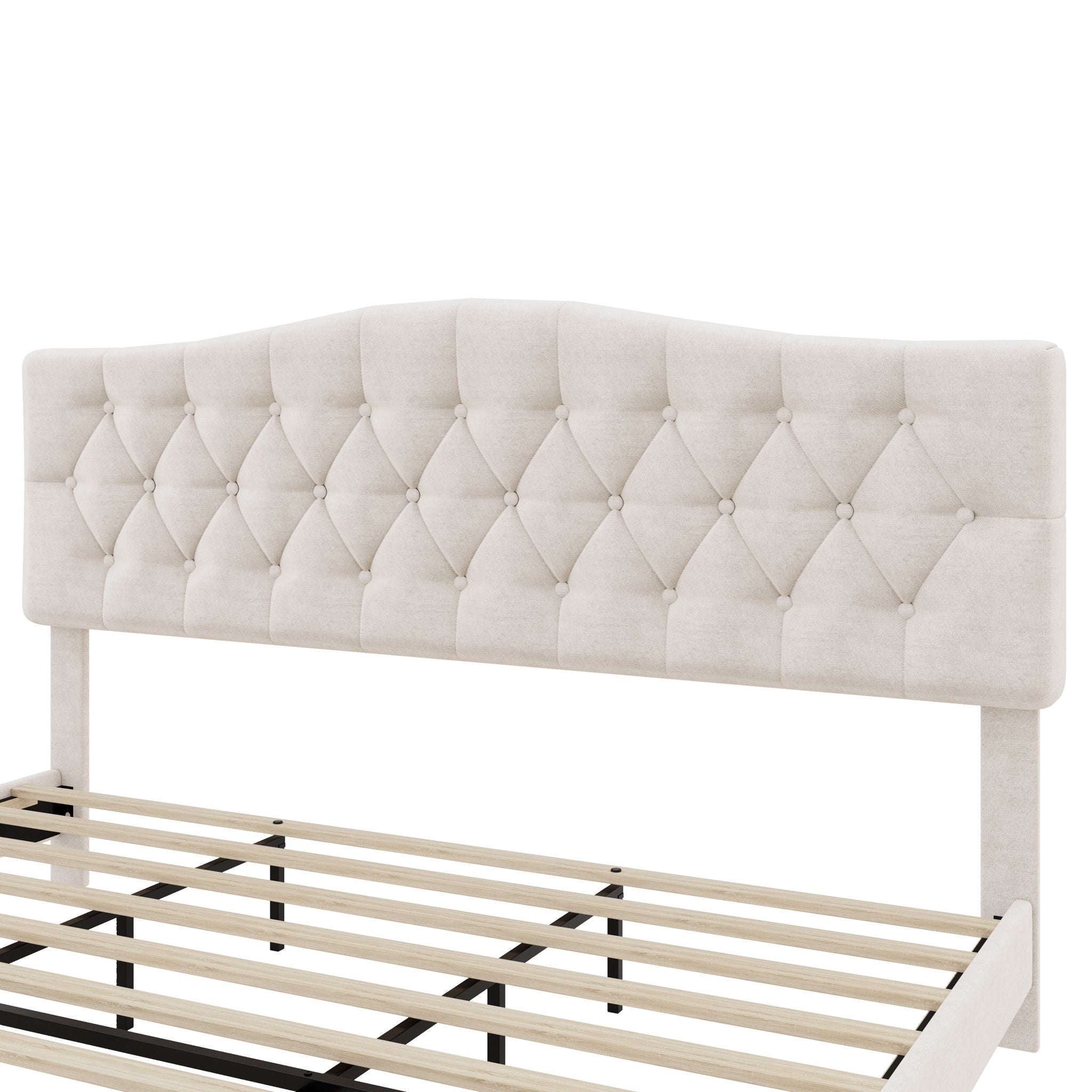 King Upholstered Platform Bed With Curved Adjustable Headboard And Diamond Tufted Details, No Box Spring Needed - Beige