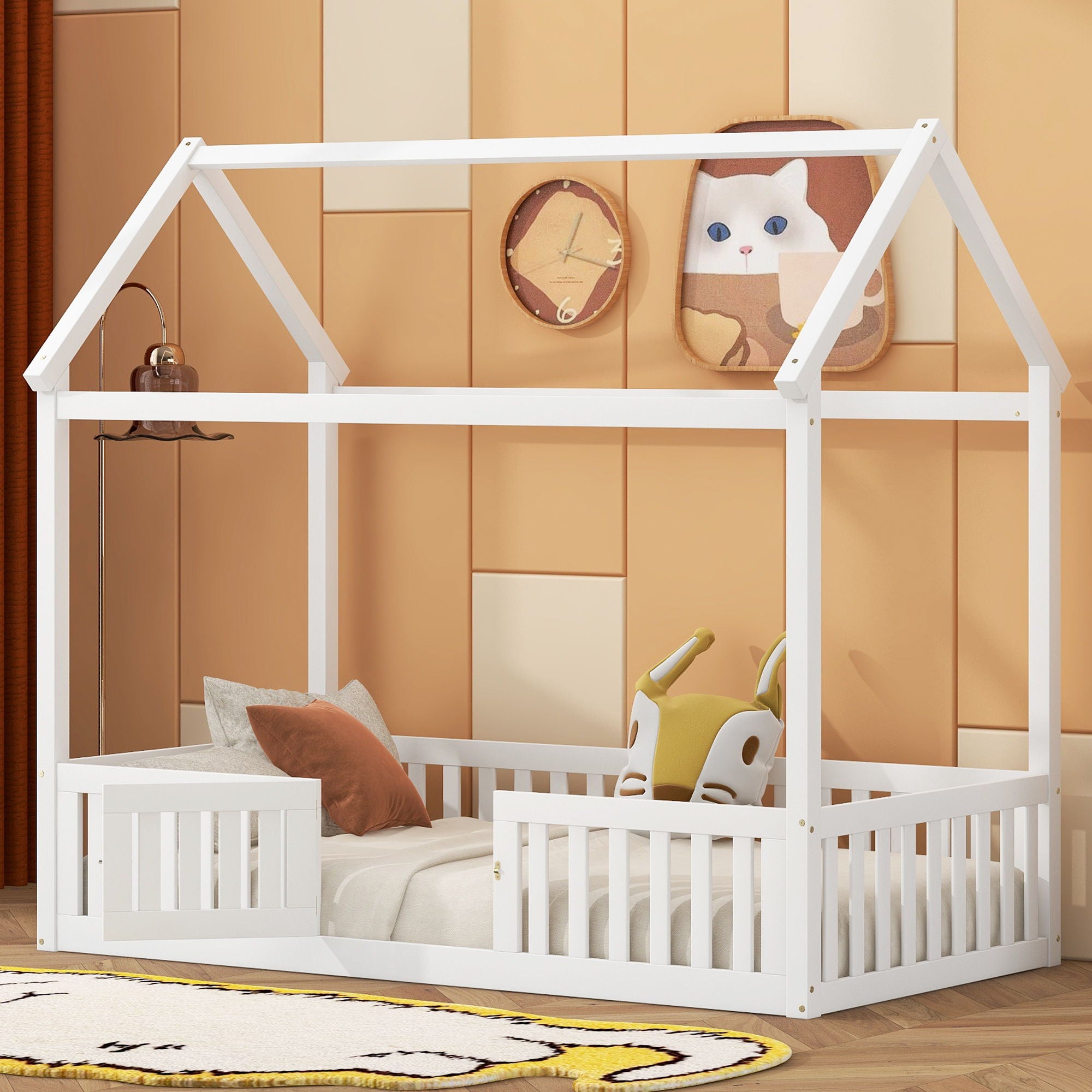 Wood House Bed With Fence And Door