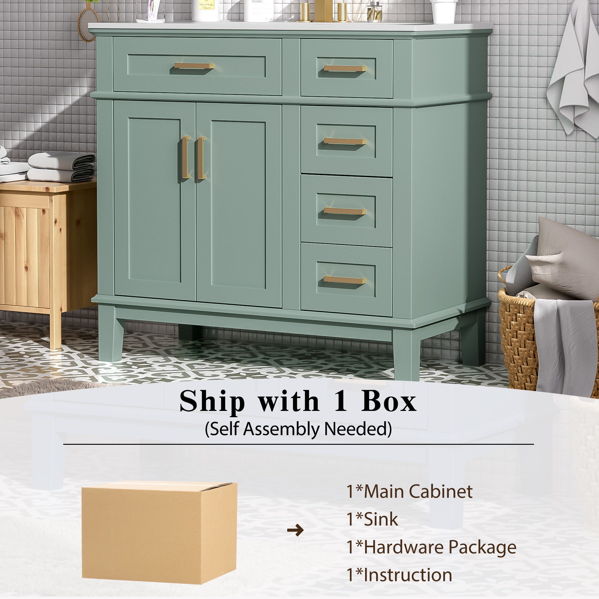 Bathroom Vanity With Sink, Soft Close Doors, 4 Storage Drawers