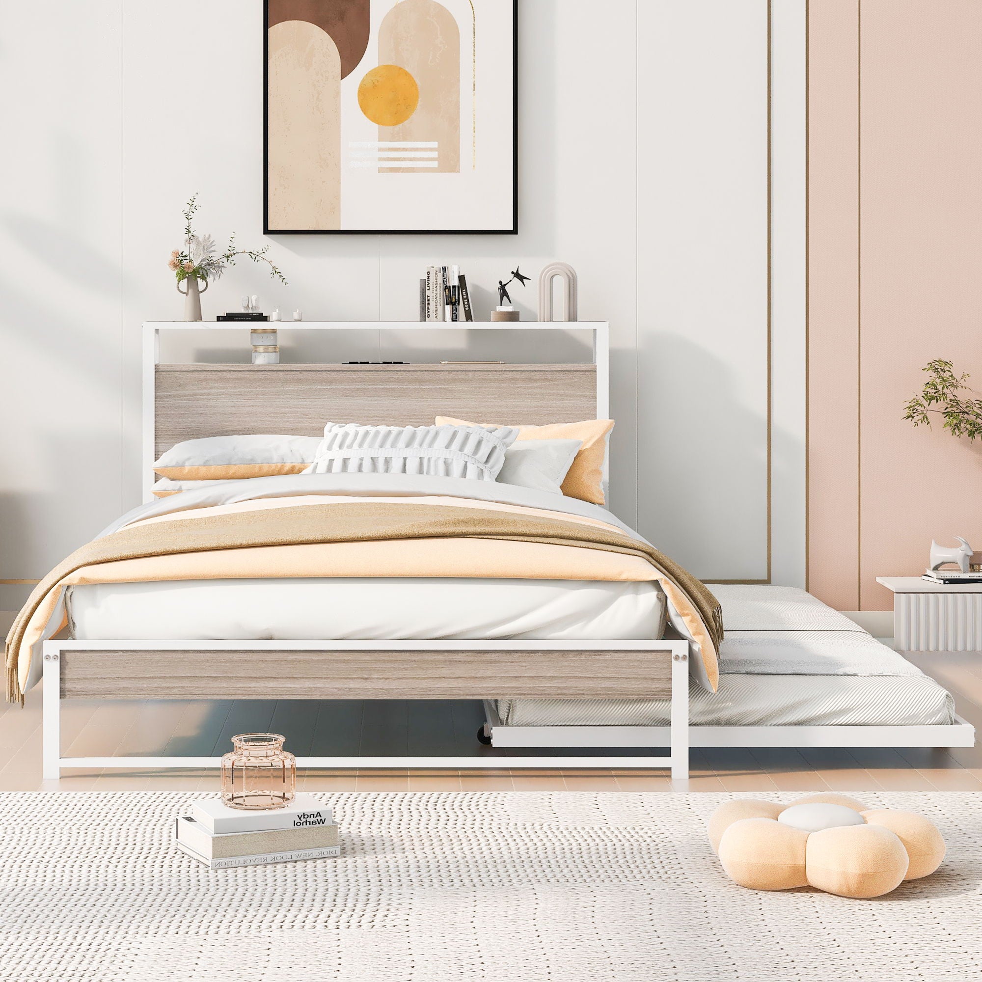 Platform Bed Frame With Trundle, USB Ports And Slat Support, No Box Spring Needed