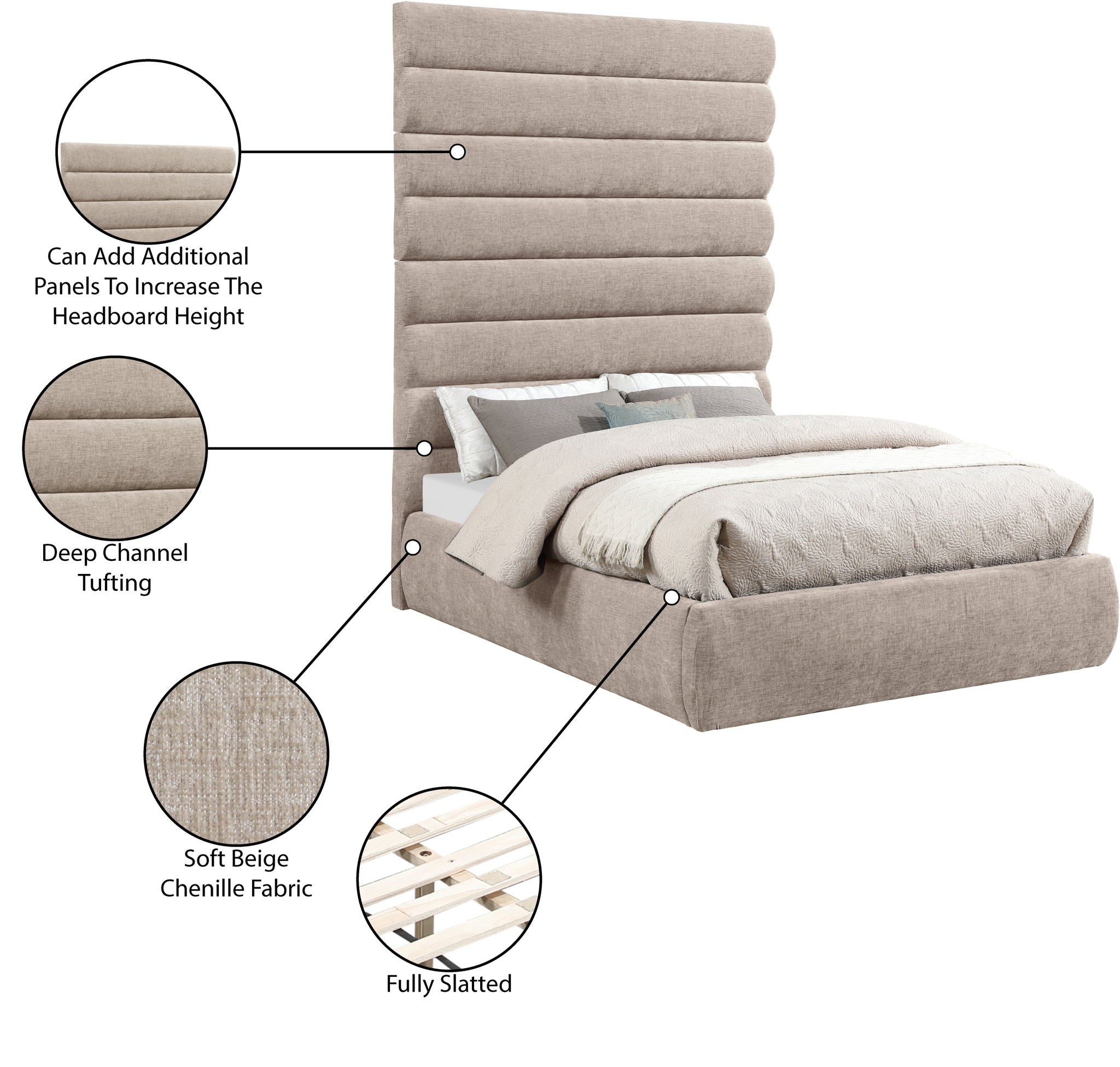 Adam - Chenille Fabric Bed With 89" Headboard