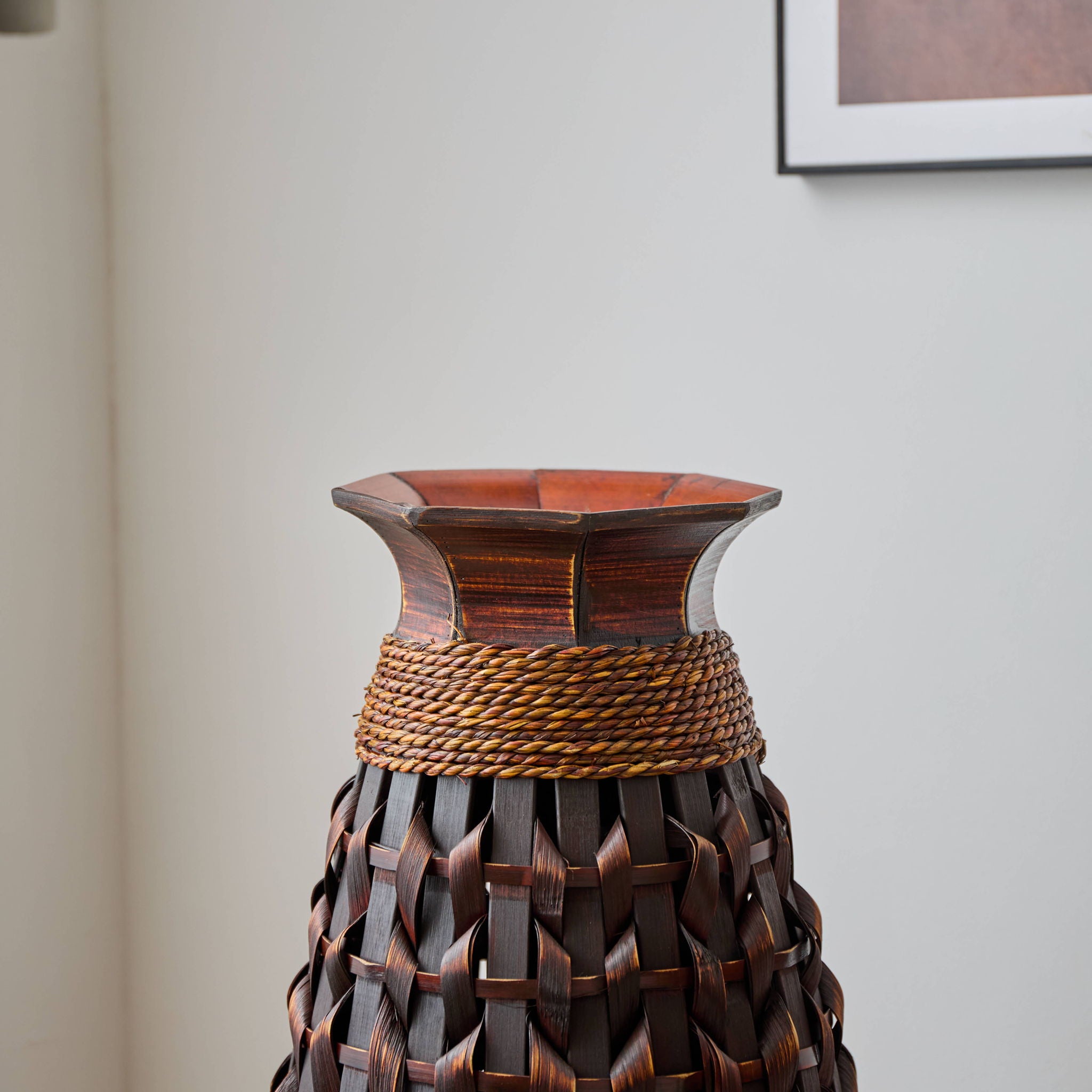 Hand Woven Bamboo Floor Vase, Decorative Accent For Living Room - Acacia Wood