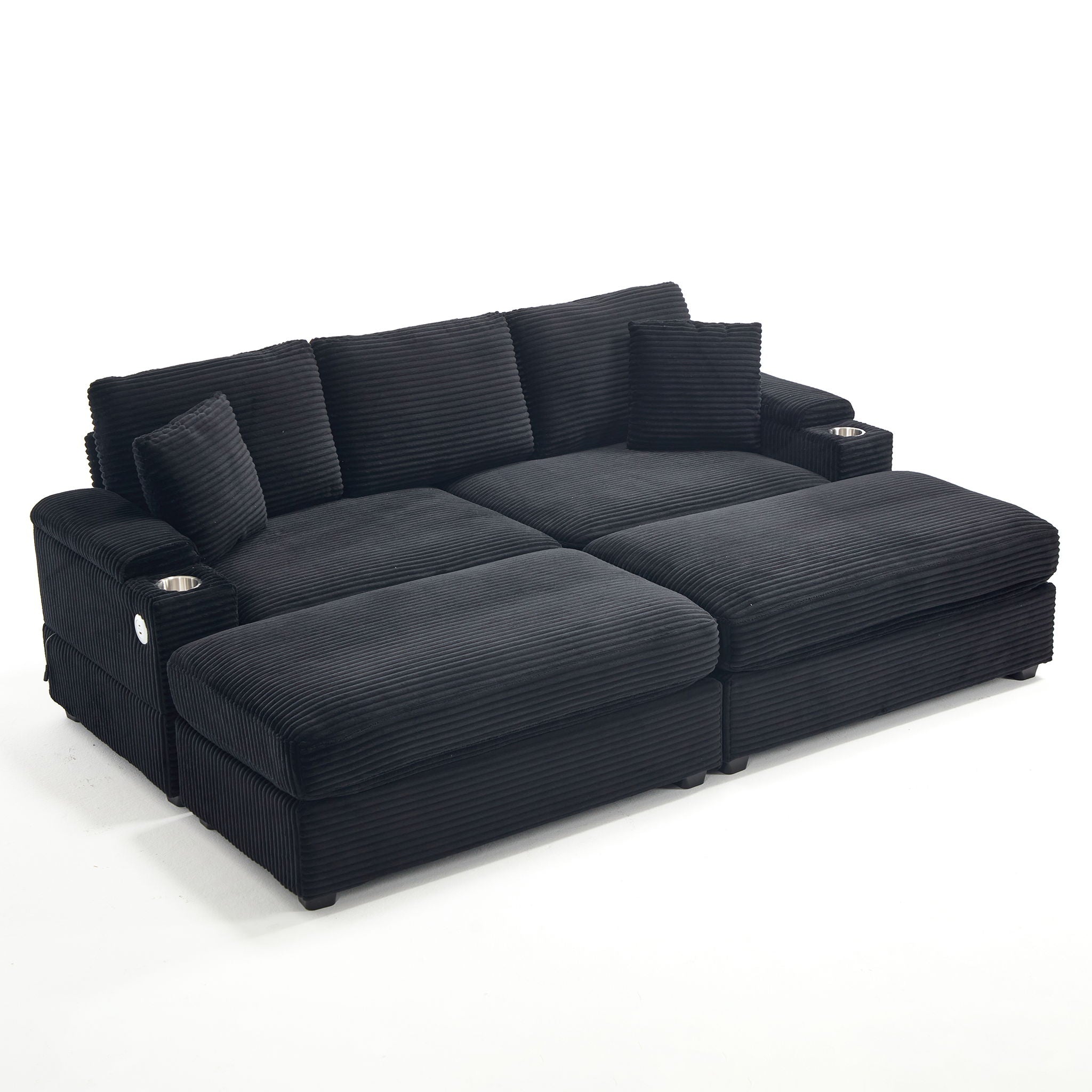 Convertible Sectional Sofa Bed Set With Armrest Storage, Cup Holder, USB - Black