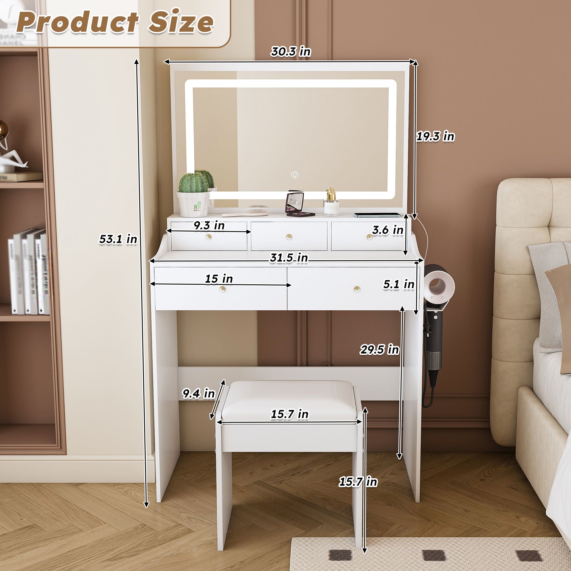 Modern Makeup Vanity Set With Power Outlet, Hair Dryer Holder, And Adjustable Lighting