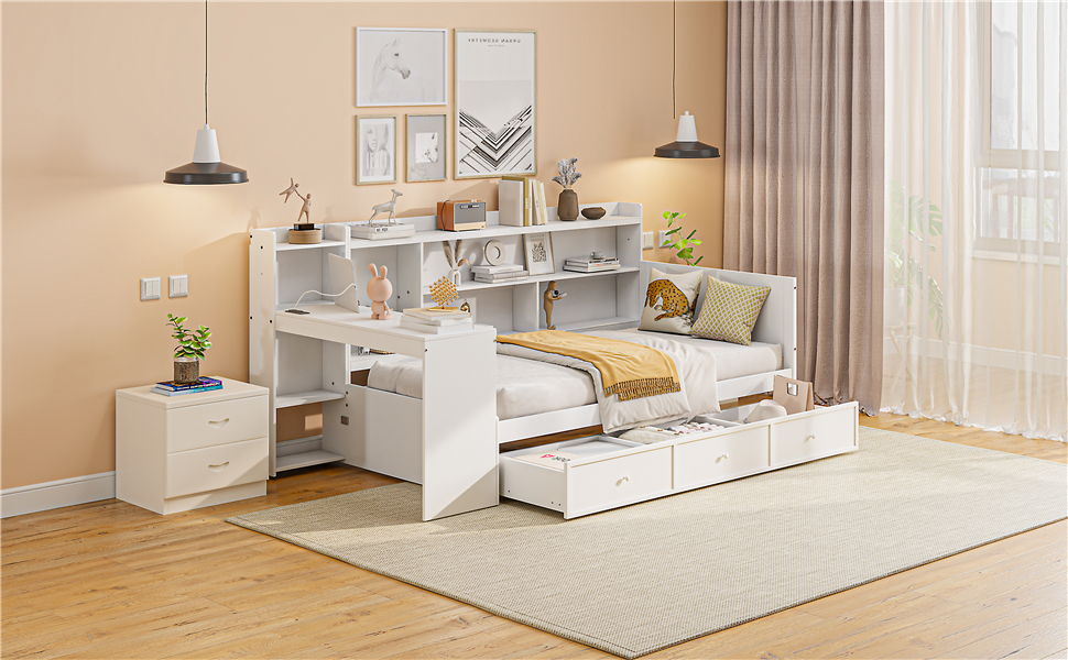 Daybed With 3 Drawers USB Ports And Desk