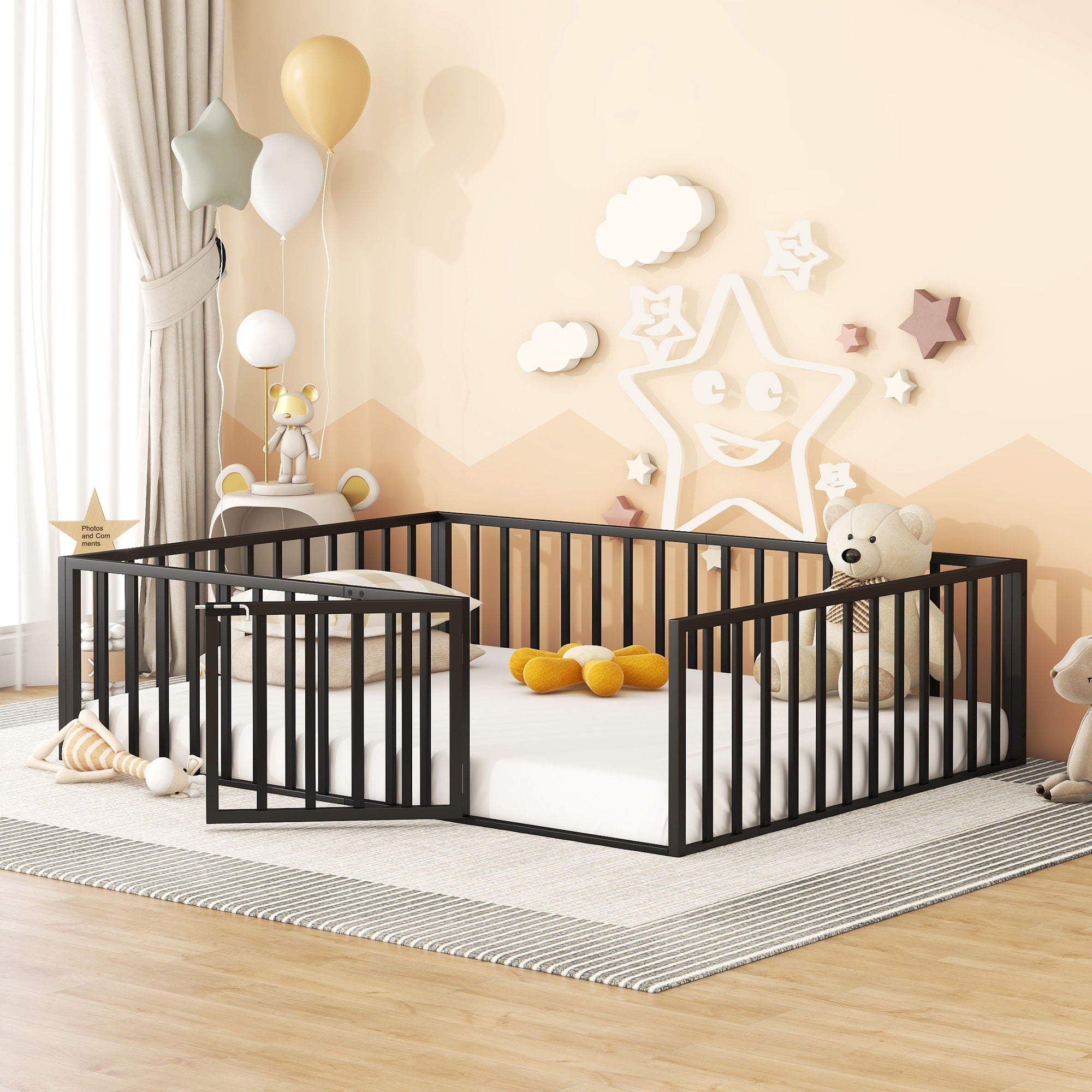 Metal Floor Bed Frame With Fence And Door