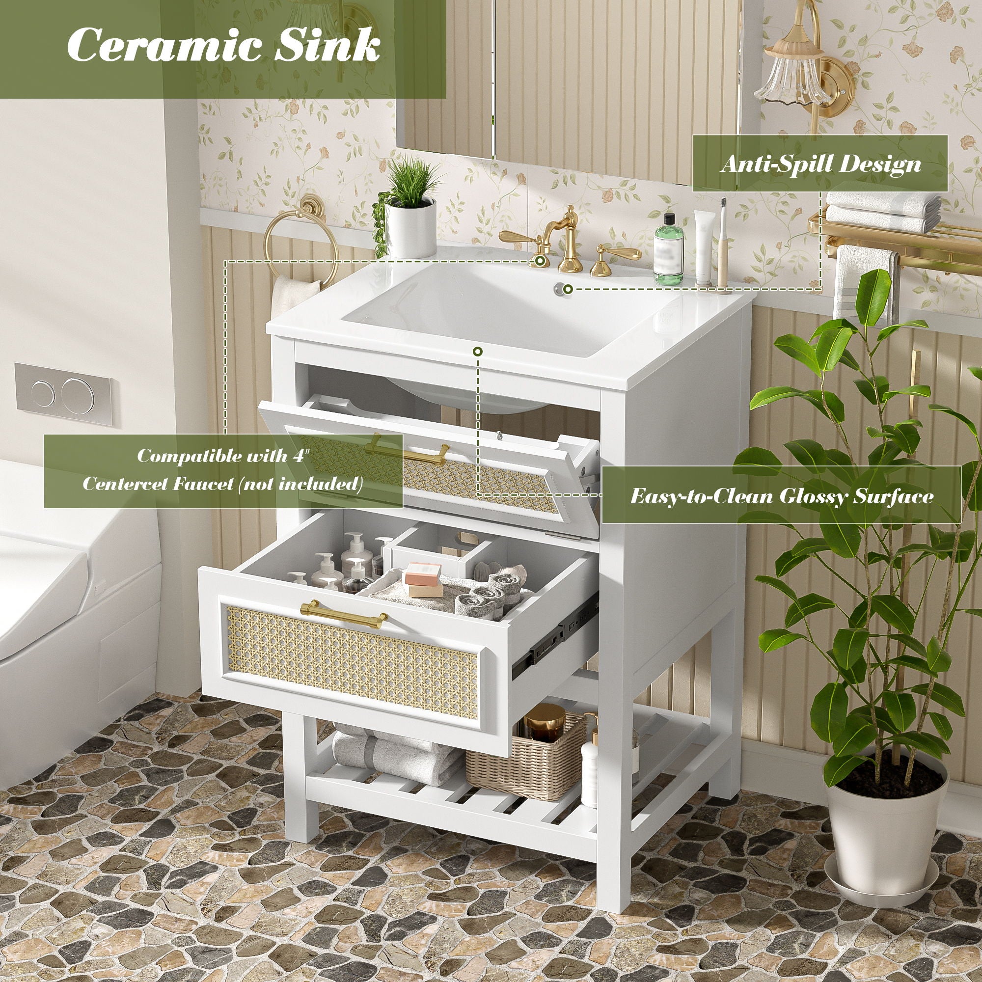 Modern Bathroom Vanity With Integrated Sink, Cabinet With 1 Deep Drawer And 1 Tip-Out Drawer