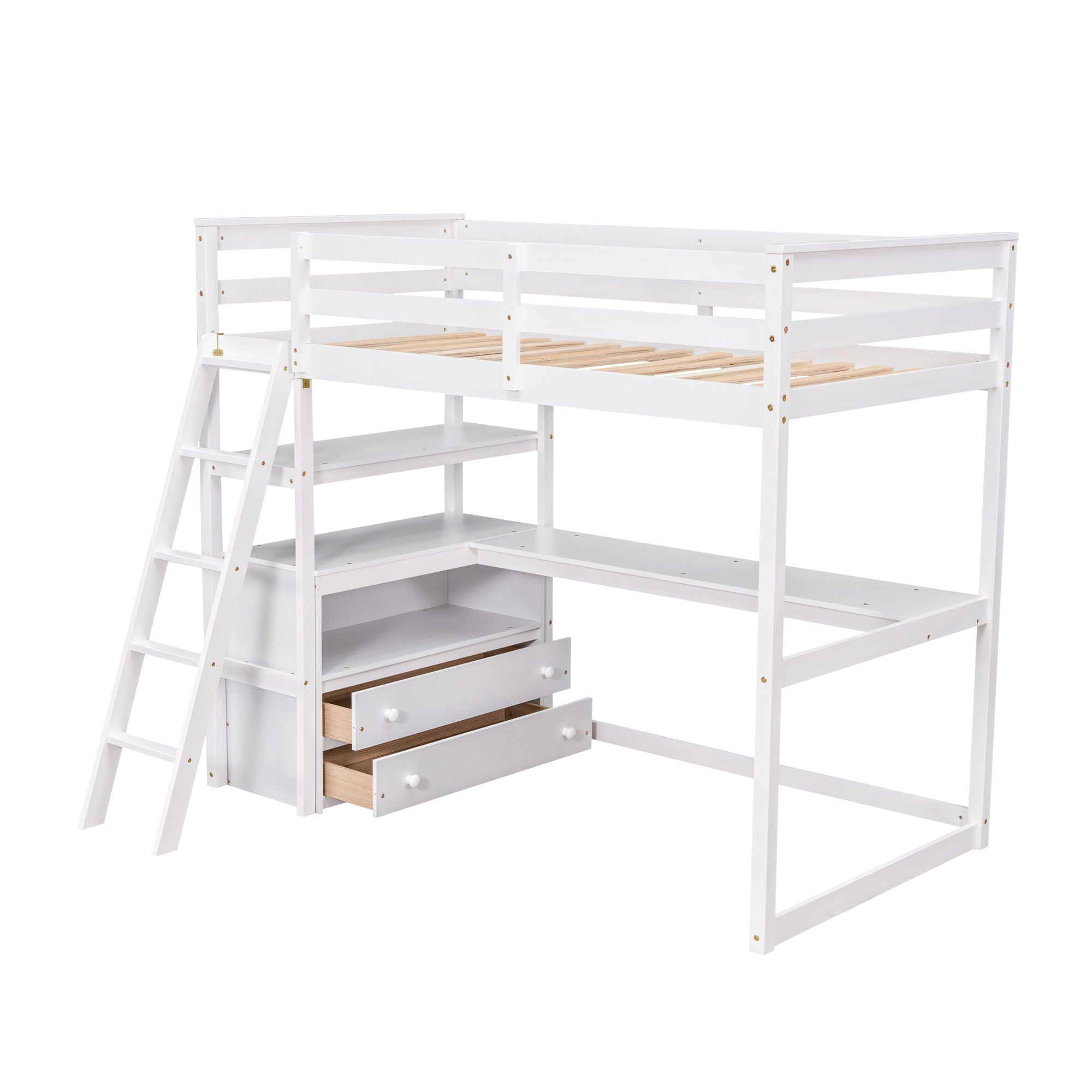 Modern Loft Bed With Built In Desk, Shelves, And 2 Drawers