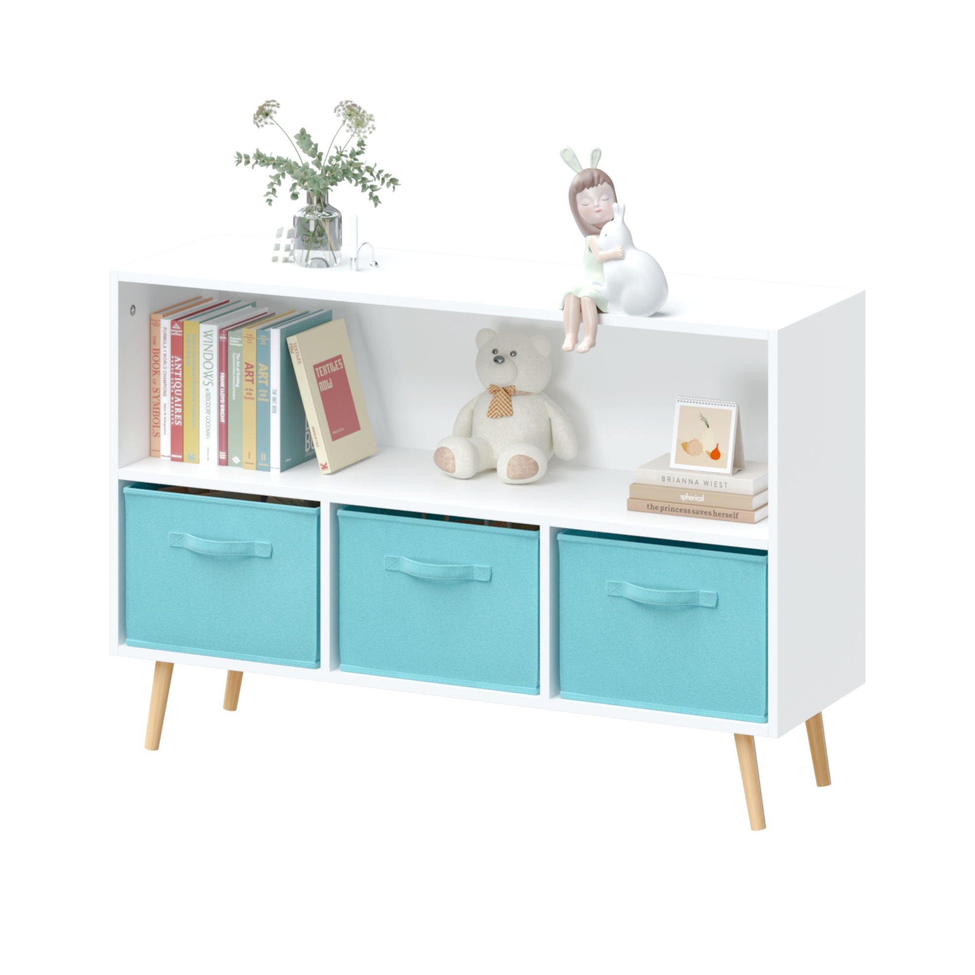 Bookcase With Collapsible Drawers, Book Display Storage Cabinet Organizer - White / Blue