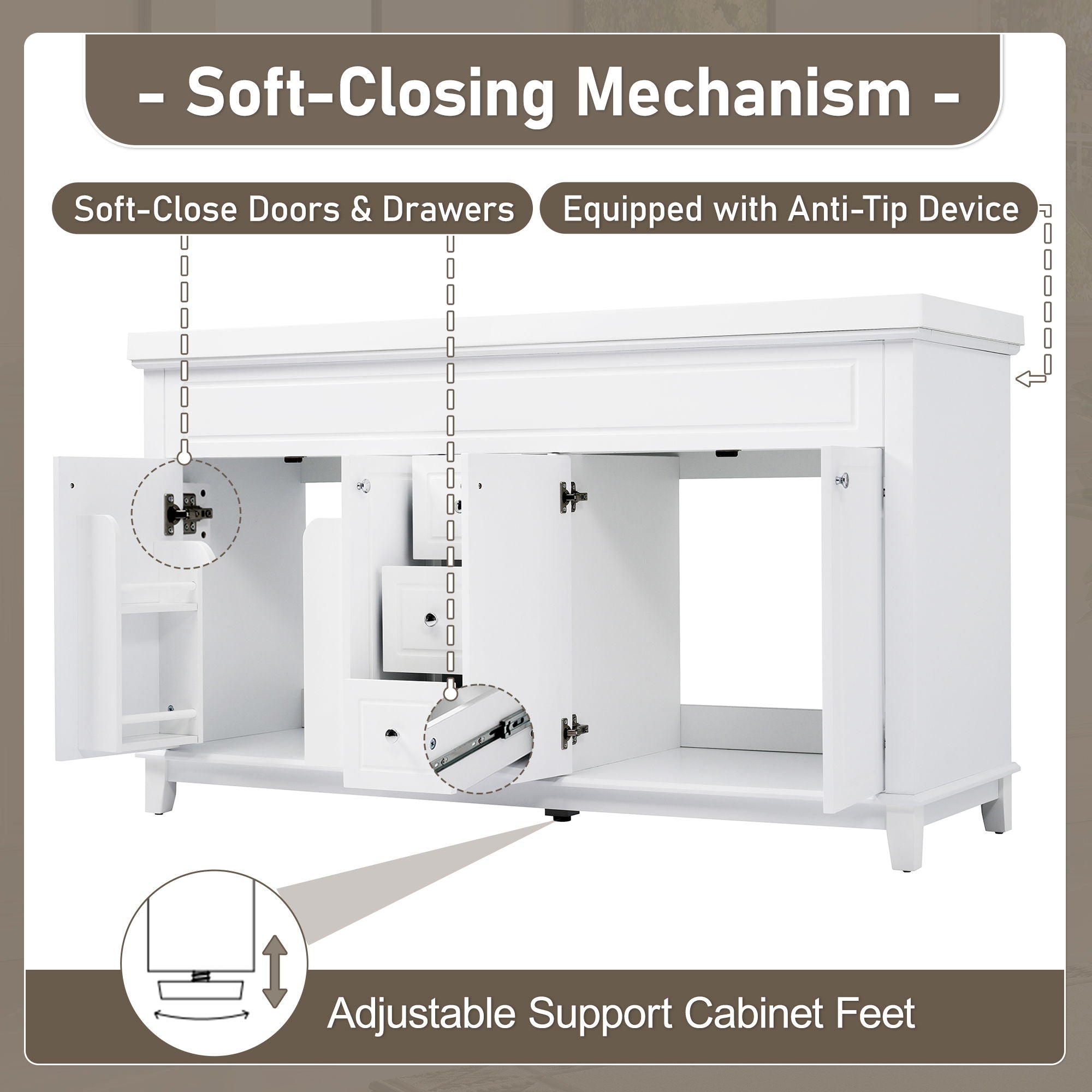 Bathroom Vanity With Double Sinks, 3 Drawers & 4 Doors, Soft Close, All Open Back Design - White