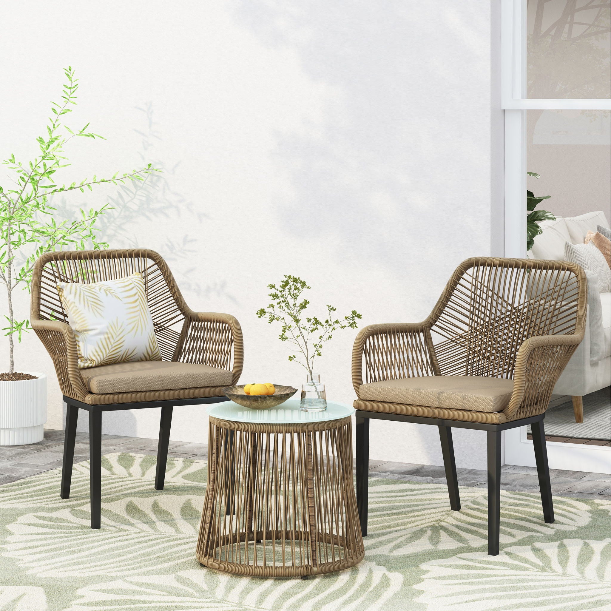 Conversation Set With Tempered Glass Table Top - Light Brown