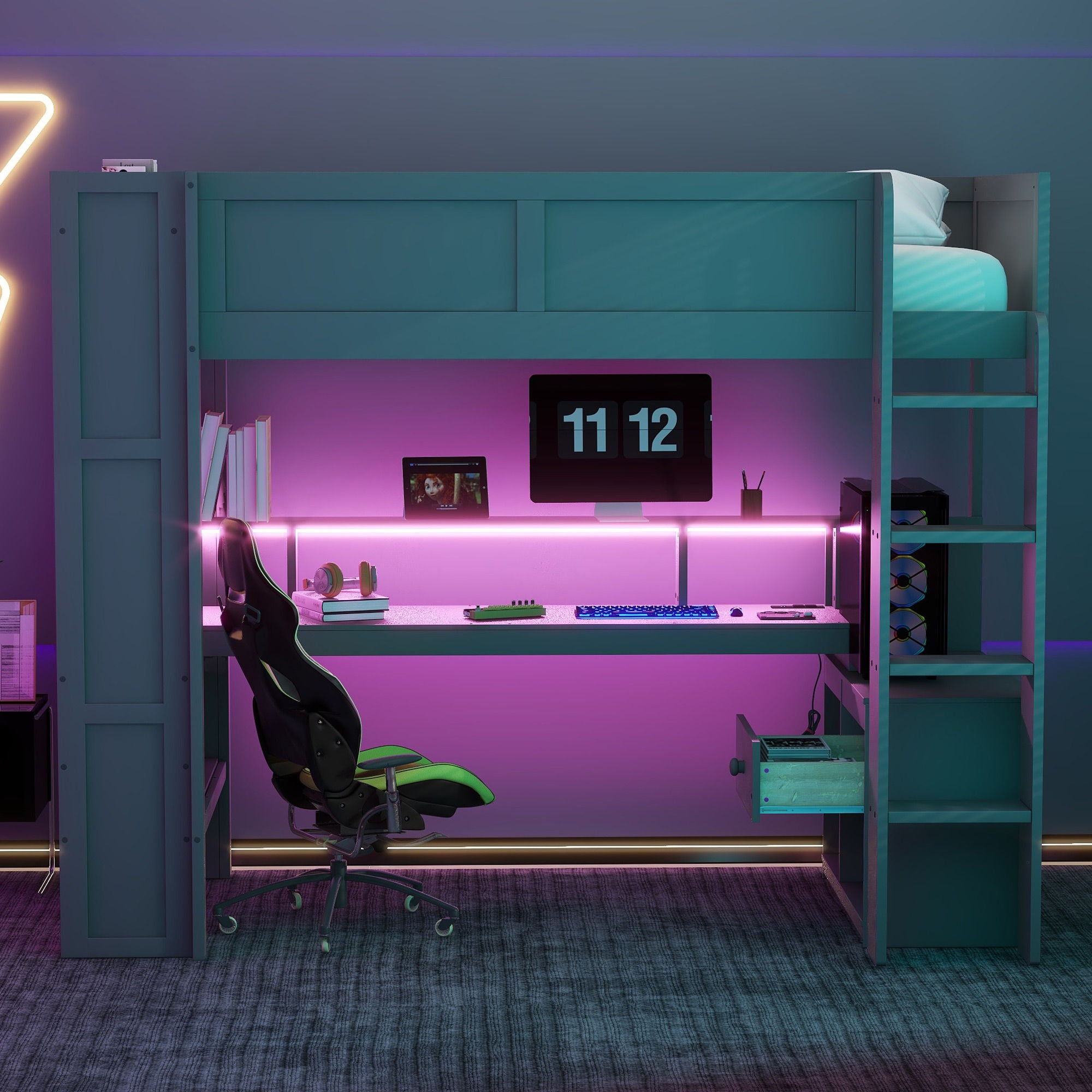 Gaming Loft Bed With Desk, Multi Storage Shelves, LED And Charging Station