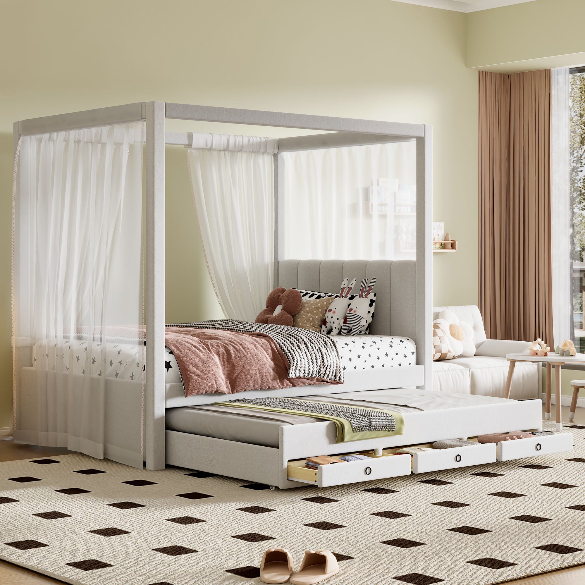 Upholstery Canopy Platform Bed With Trundle And Three Storage Drawers
