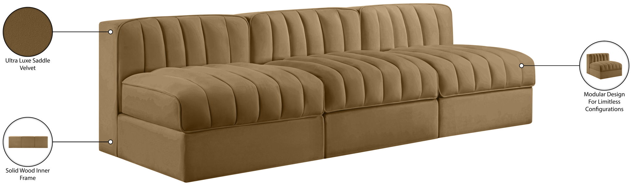 Rummi - Velvet Performance Fabric Upholstered 3 Piece Modular Armless Sofa