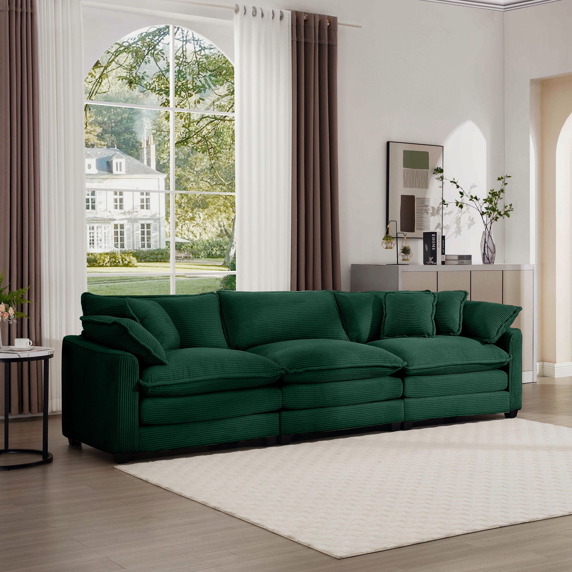 Mid-Century Modern 3 Seater Sectional Sofa With Arm And Throw Pillows