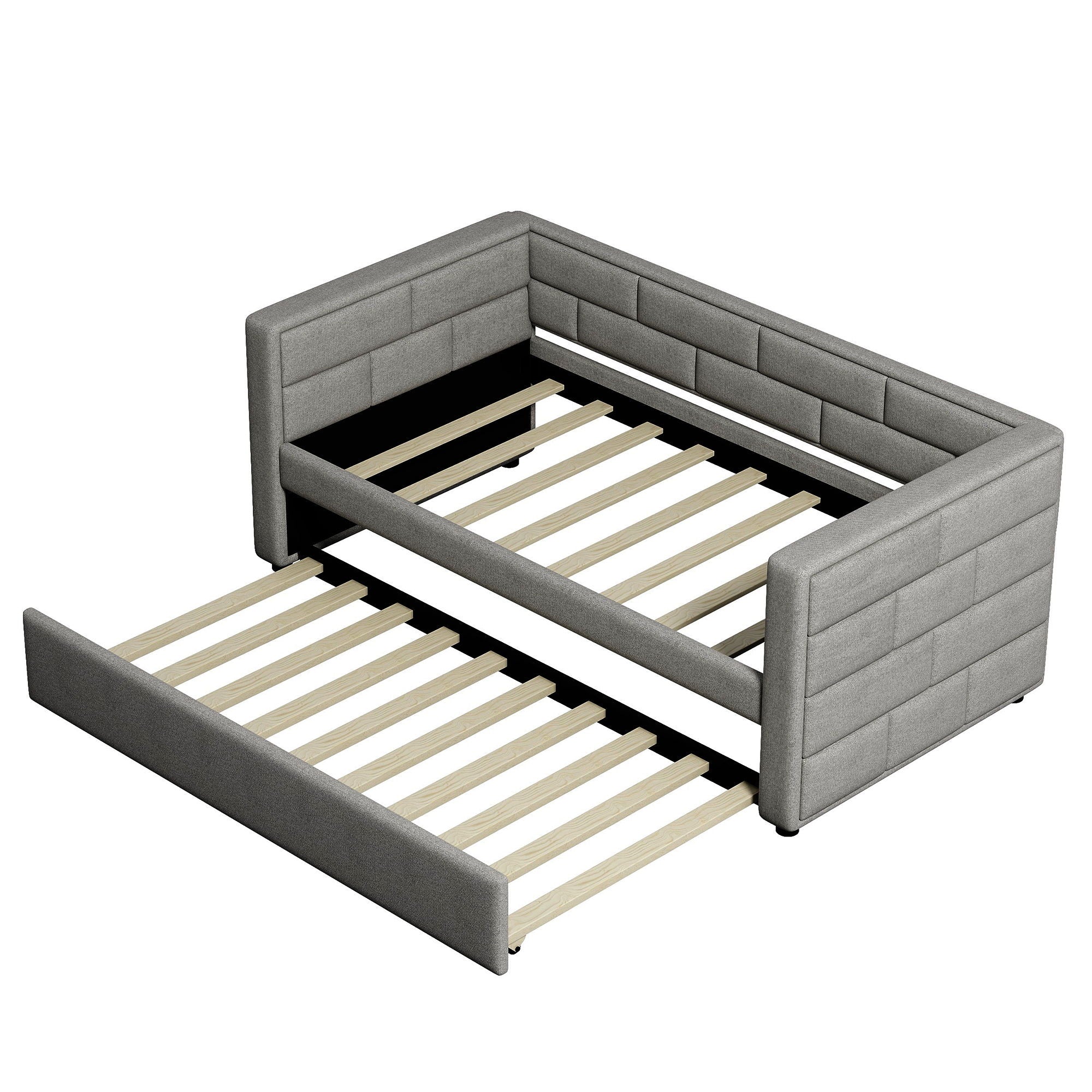 Upholstered Twin Size Daybed With Trundle, Padded Back And Sides - Gray
