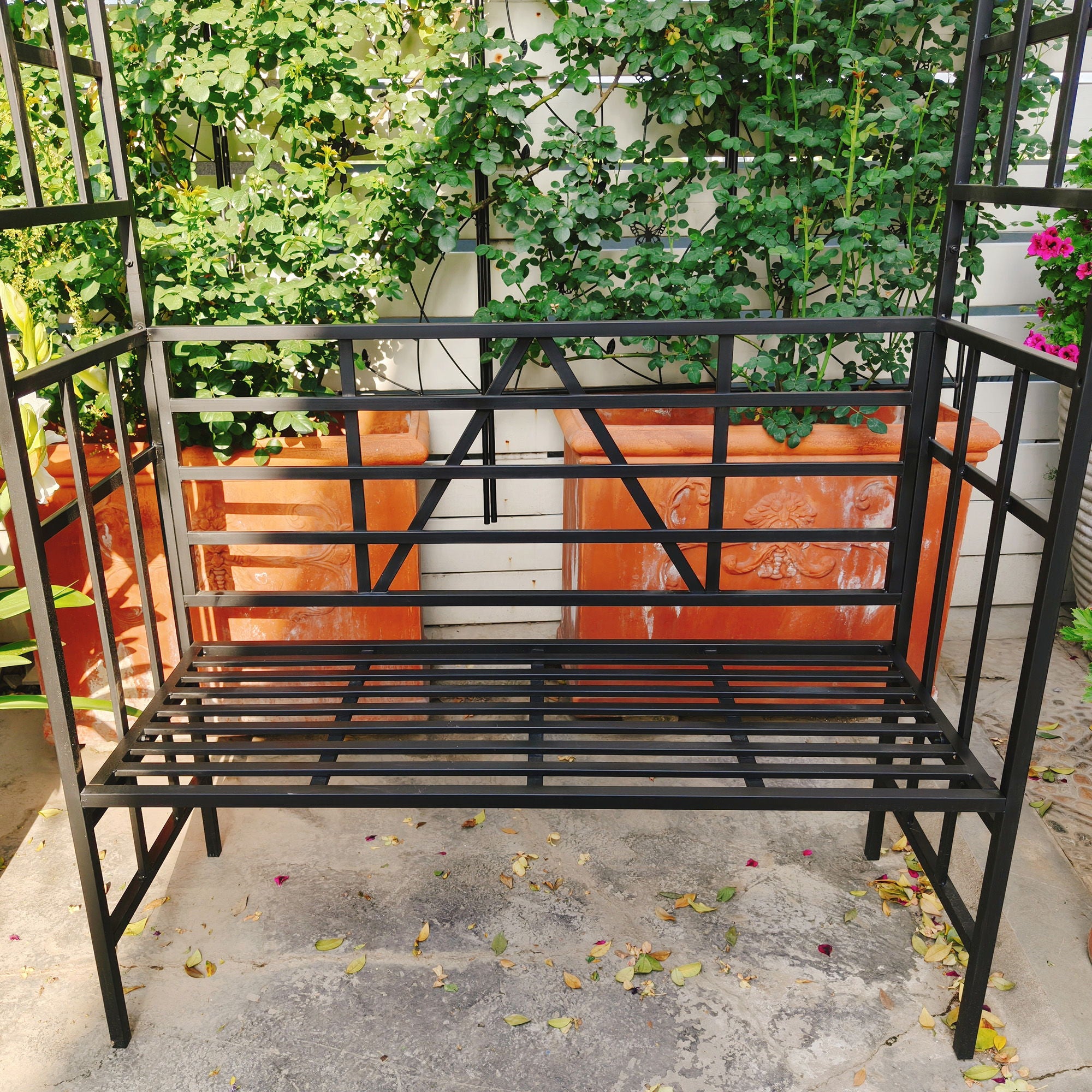 Garden Arch With Bench Turned Into Flower Stand Climbing Plants Support Outdoor - Black