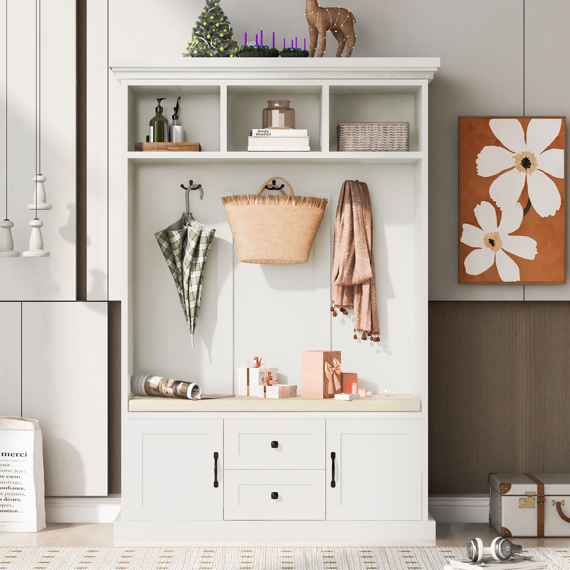 Hall Tree With 3 Hooks, Coat Hanger, Entryway Bench, Storage Bench, 3 In 1 Design