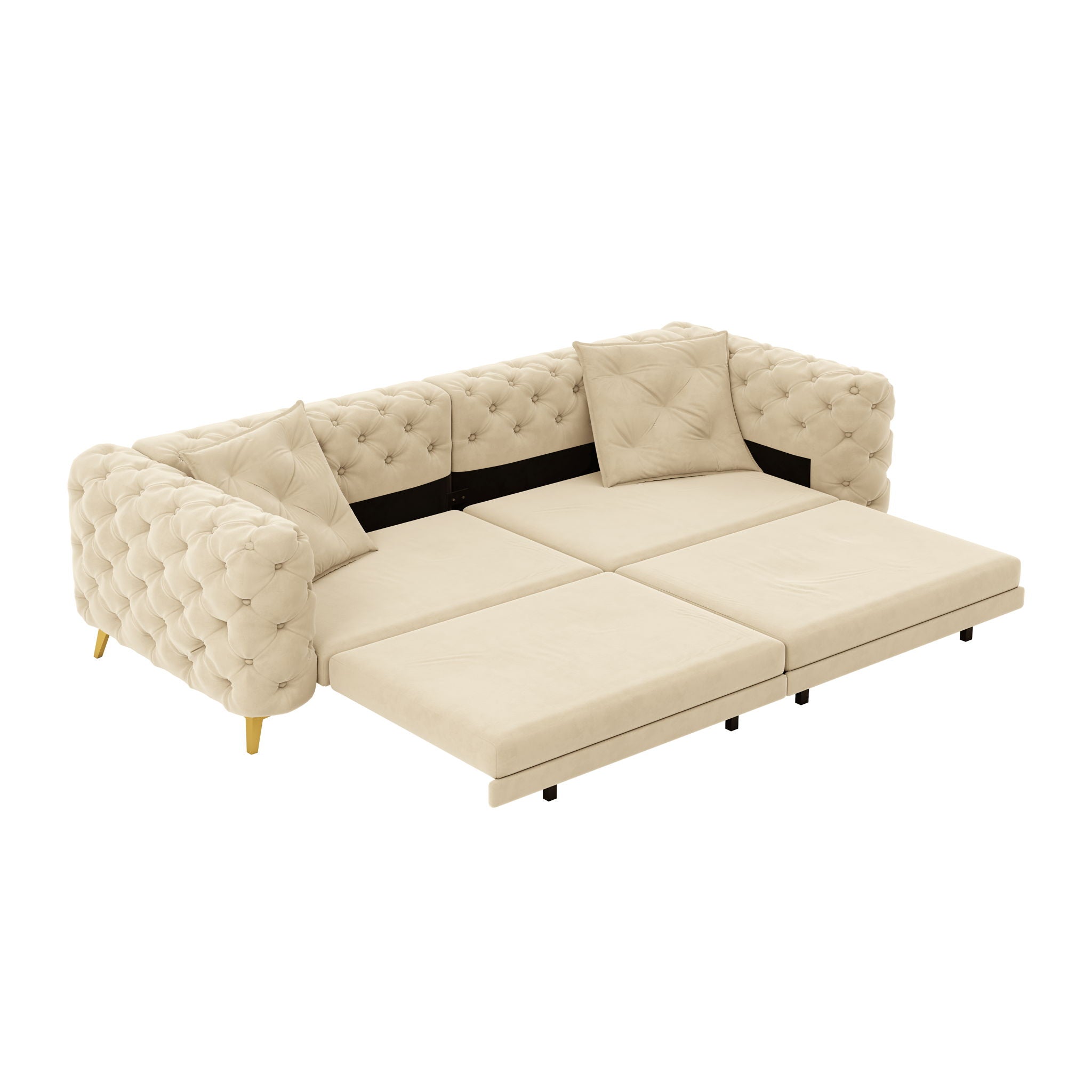 3 In 1 Convertible Sleeper Sofa, Pull Out Bed, Button Tufted, 4 Seater Couch With Movable Ottoman For Apartment - Apricot