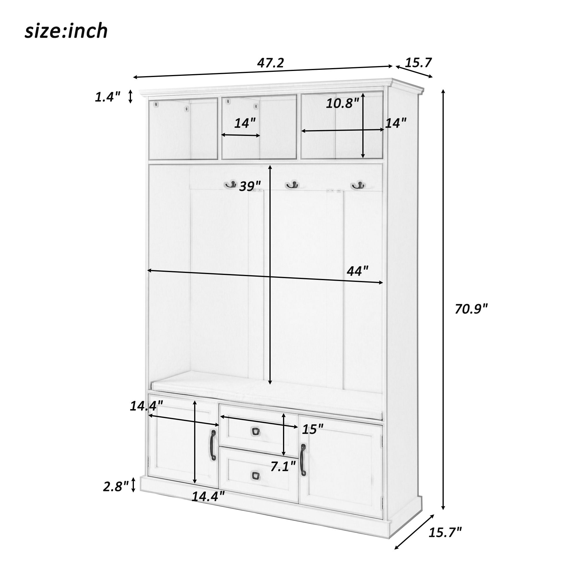 Hall Tree With 3 Hooks, Coat Hanger, Entryway Bench, Storage Bench, 3 In 1 Design