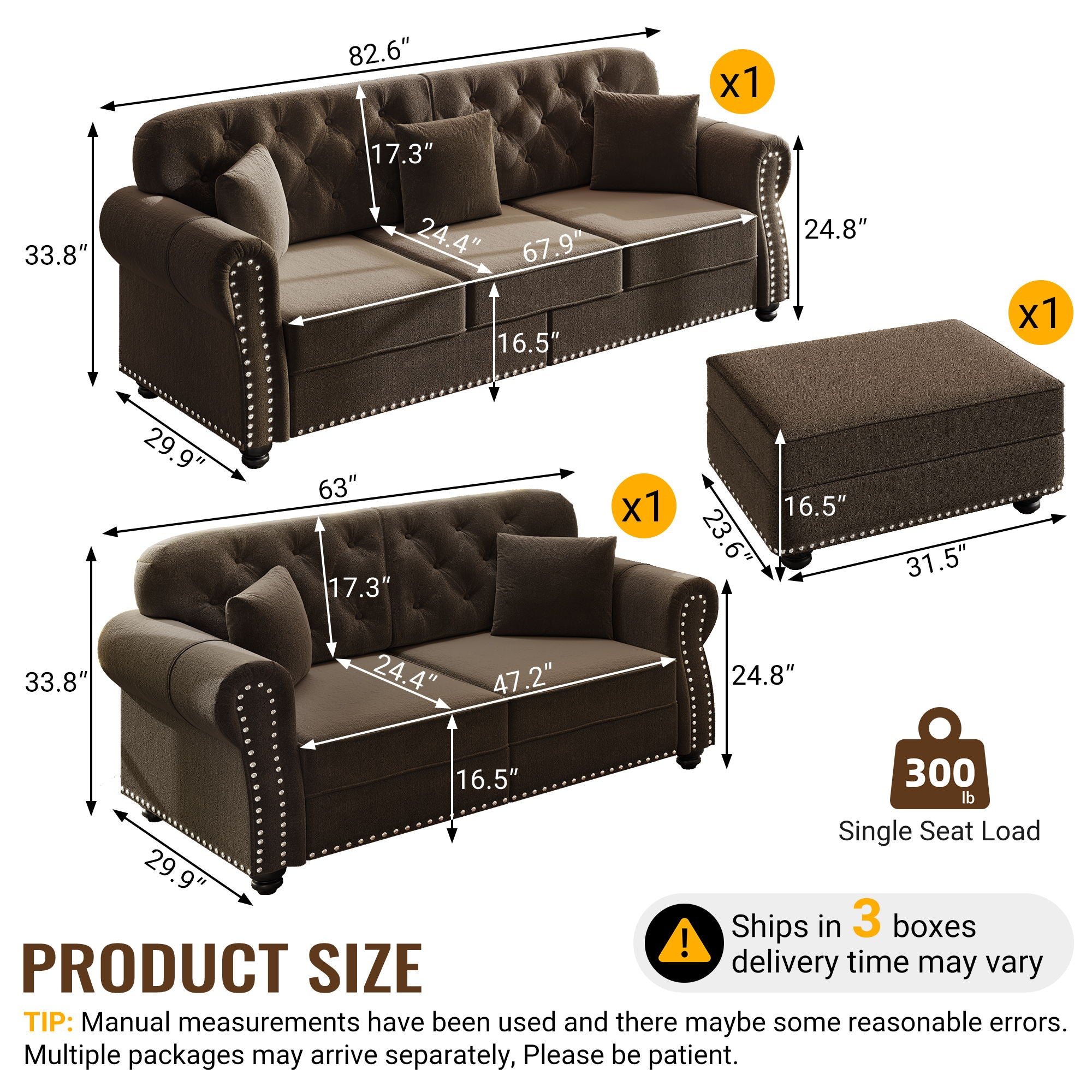Upholstered Sofa Set With Nailhead Trim And Rolled Armrests, Includes Pillows
