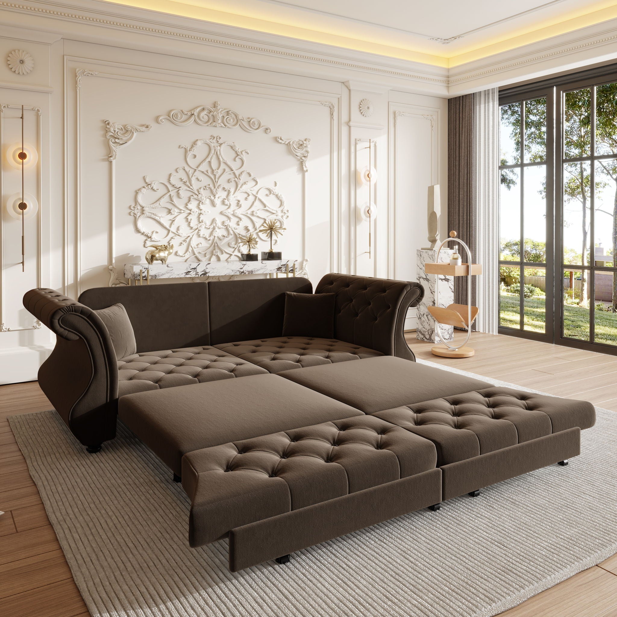 Oversized Chesterfield Pull Out Sofa Bed, Roll Arm Couch With Flower Tufting For Living Room