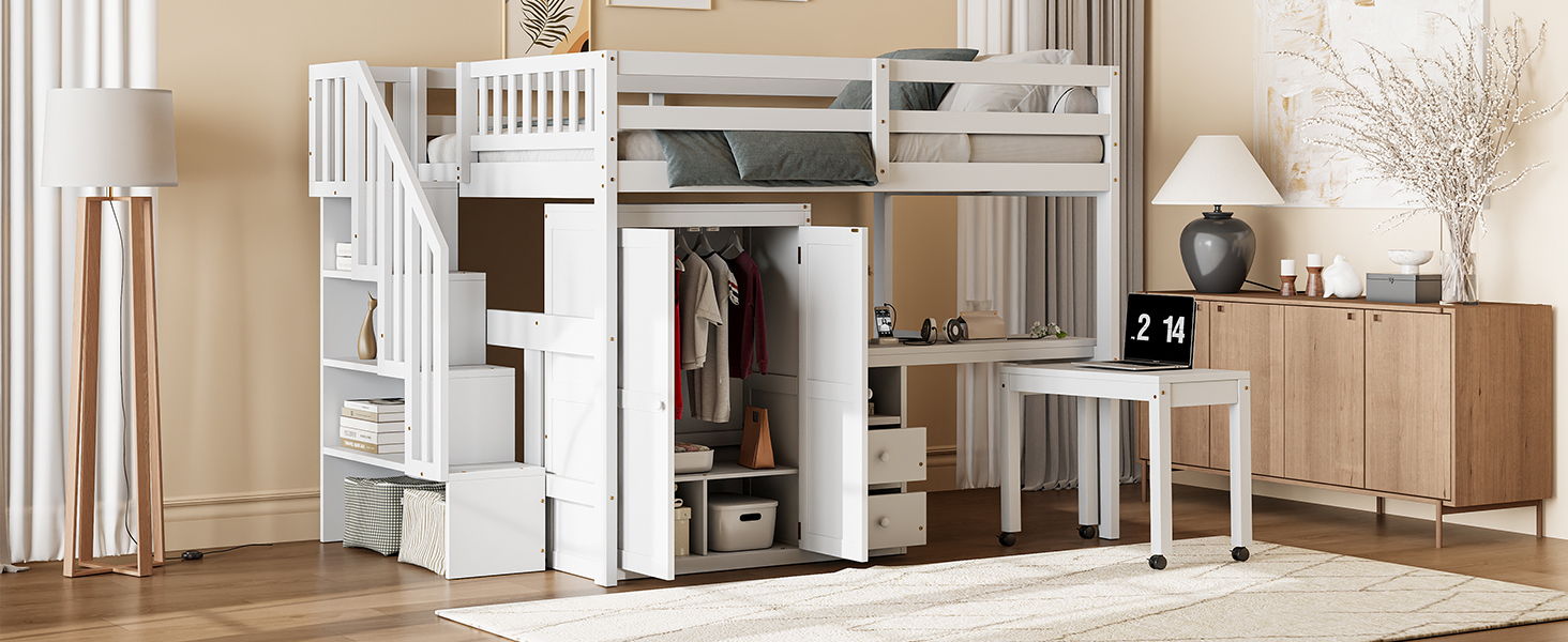 Loft Bed With Stairs, Bookshelf, Drawers, Desk & Wardrobe, Space Saving Multifunctional Furniture