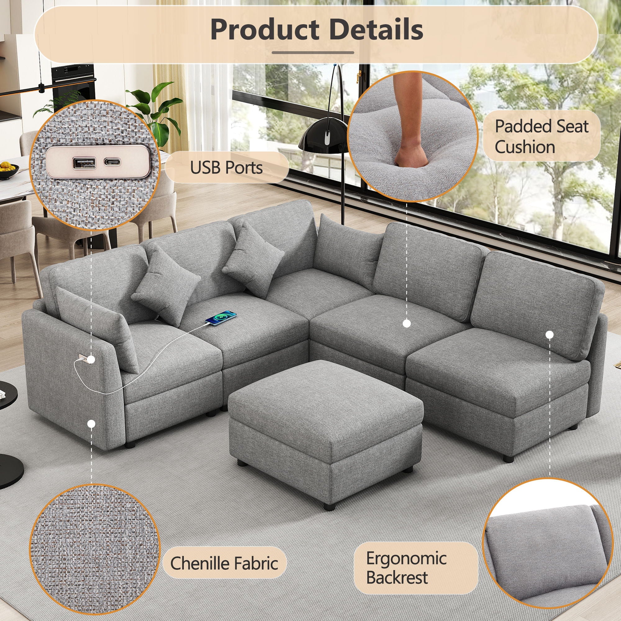 Sectional Sofa Modular U-Shaped With Ottoman & USB Ports