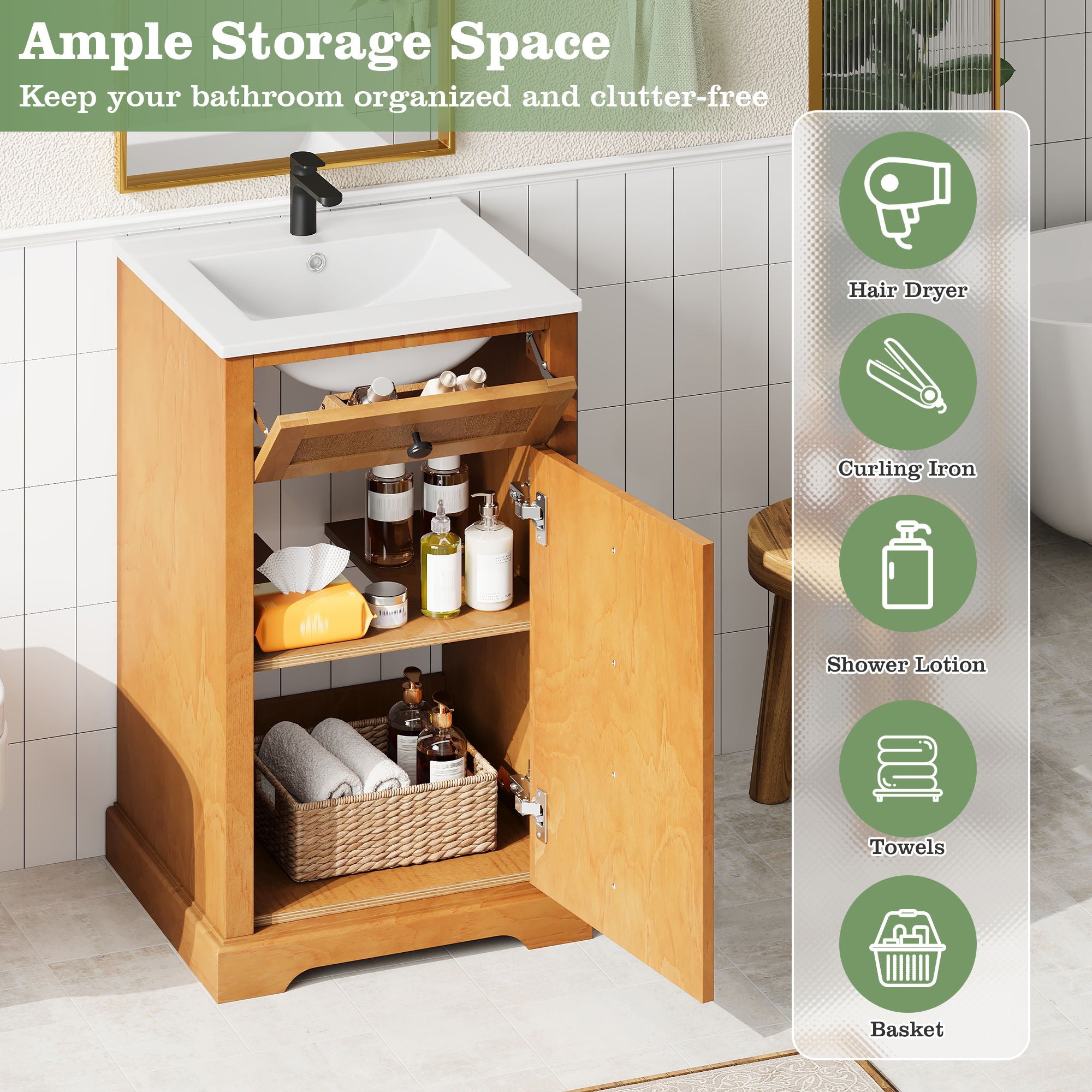 Bathroom Vanity With Integrated Sink, Soft-Closing Door - Natural Wood