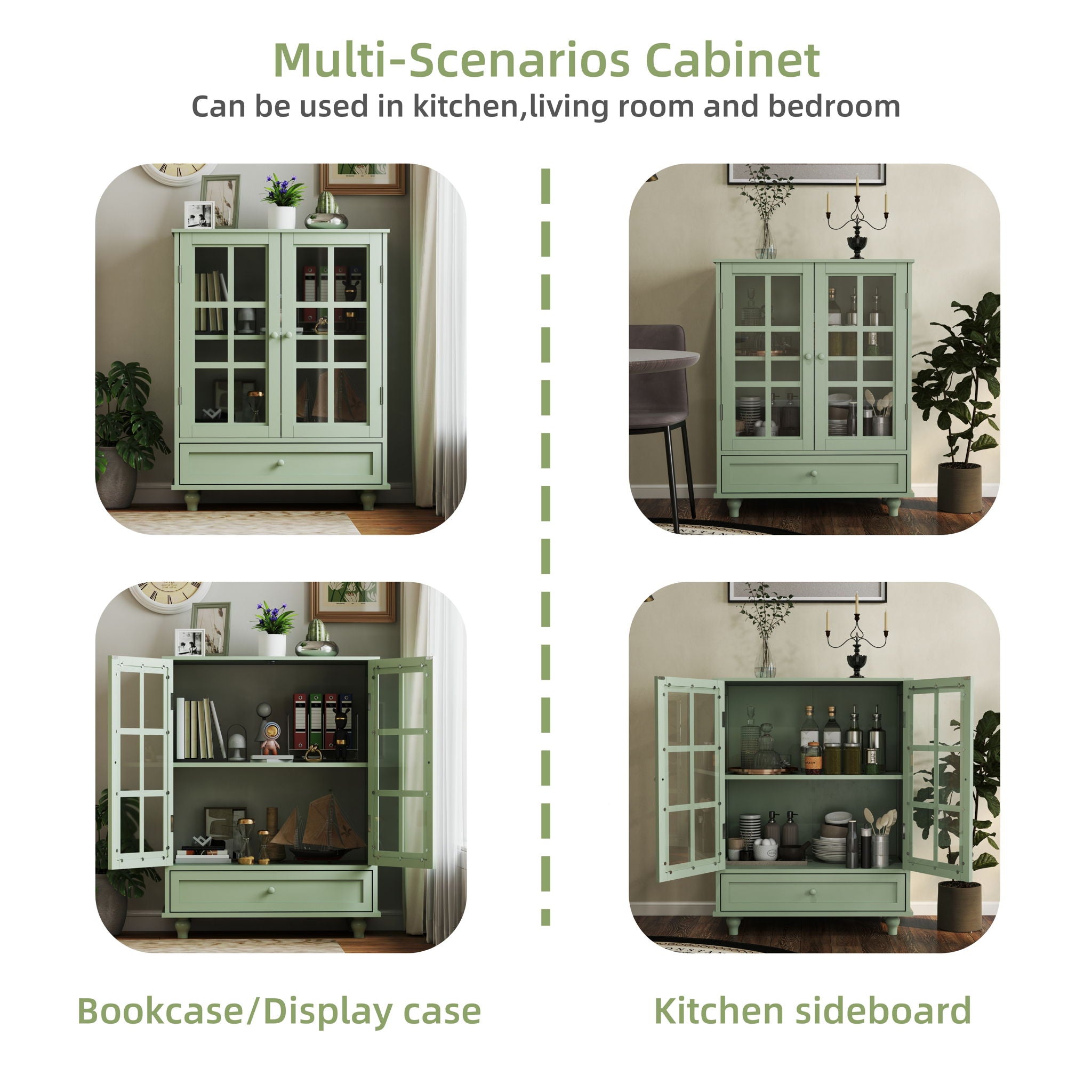 Minimalist Buffet Cabinet With Double Glass Doors And Drawer