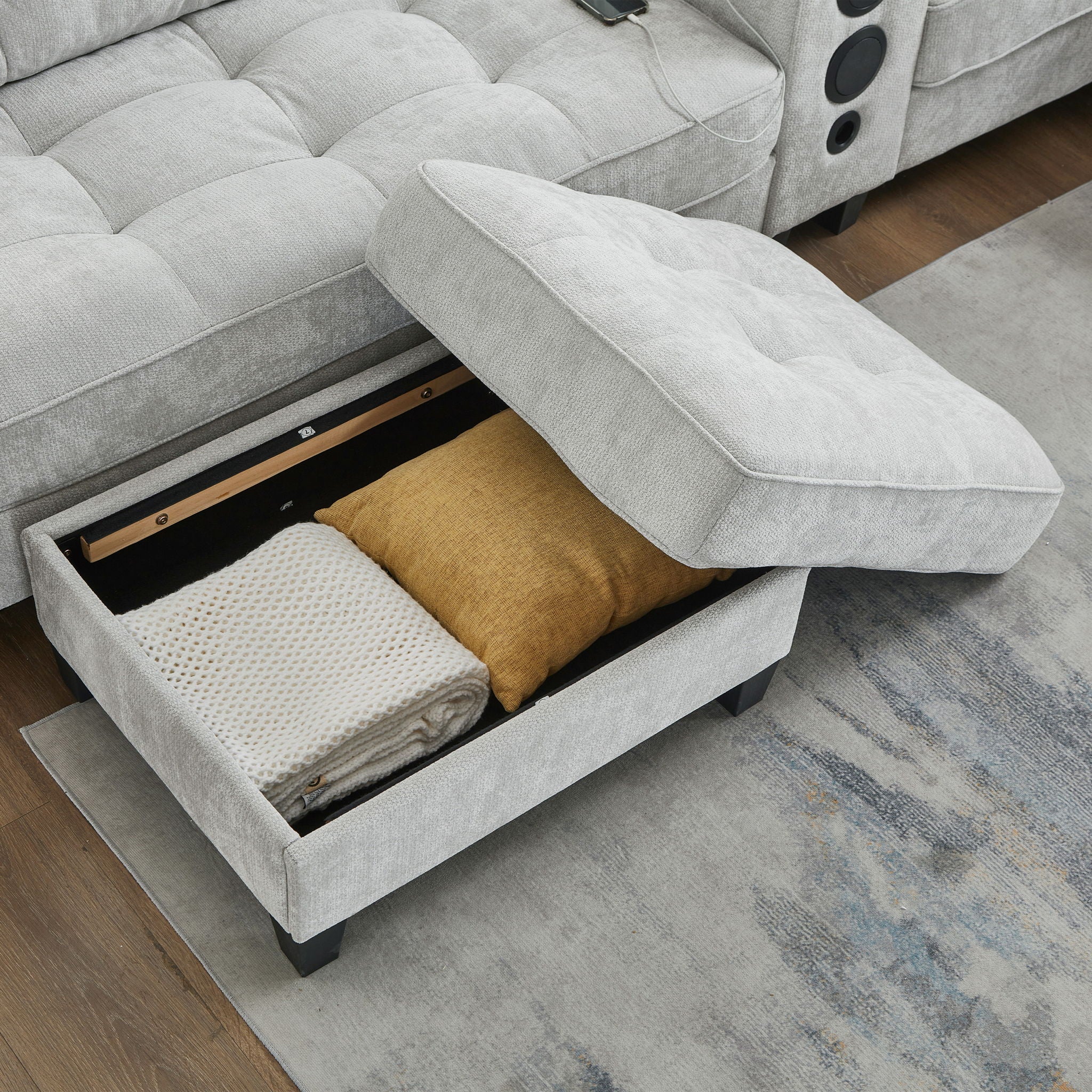 Modern Sectional Sofa U-Shaped With Movable Ottomans, tooth Speakers, LED Lights And Modular Storage
