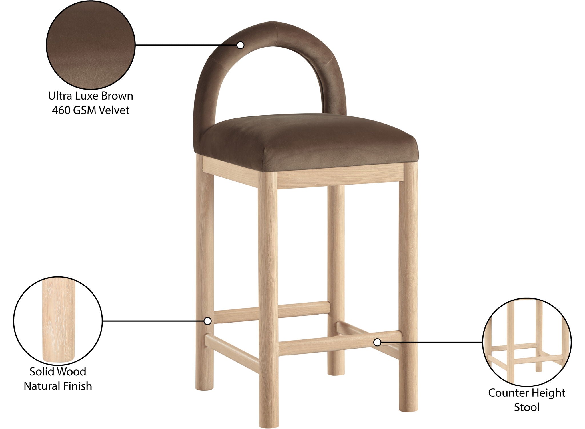 Conrad - Velvet Counter Stool With Natural Legs