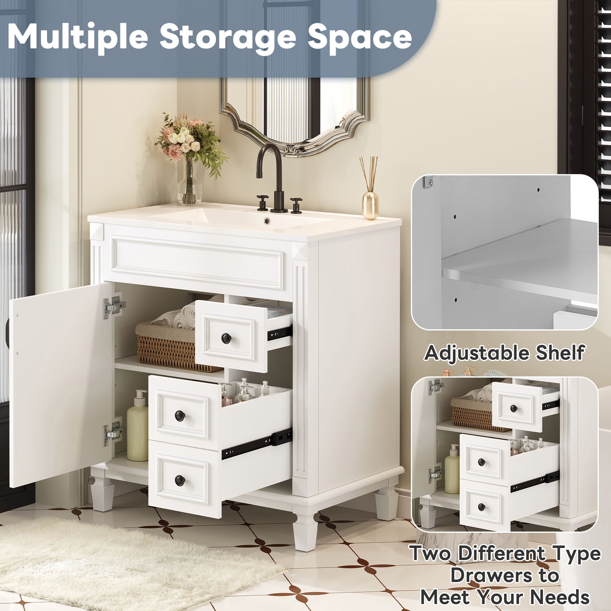 Bathroom Vanity With Sink, Cabinet With 2 Drawers And Adjustable Shelf