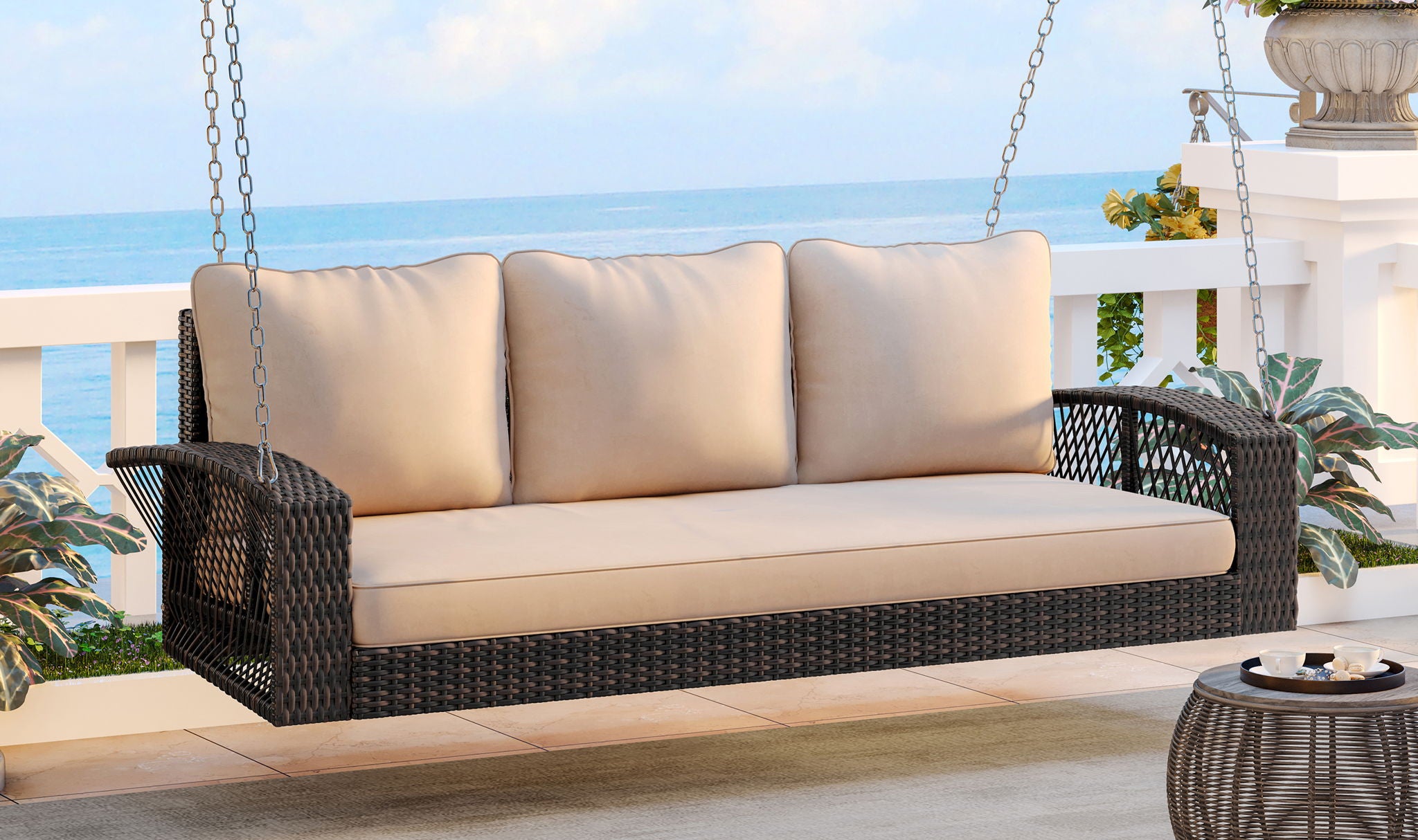 3 Person Large Patio Swing Bench With Cushions For Backyard