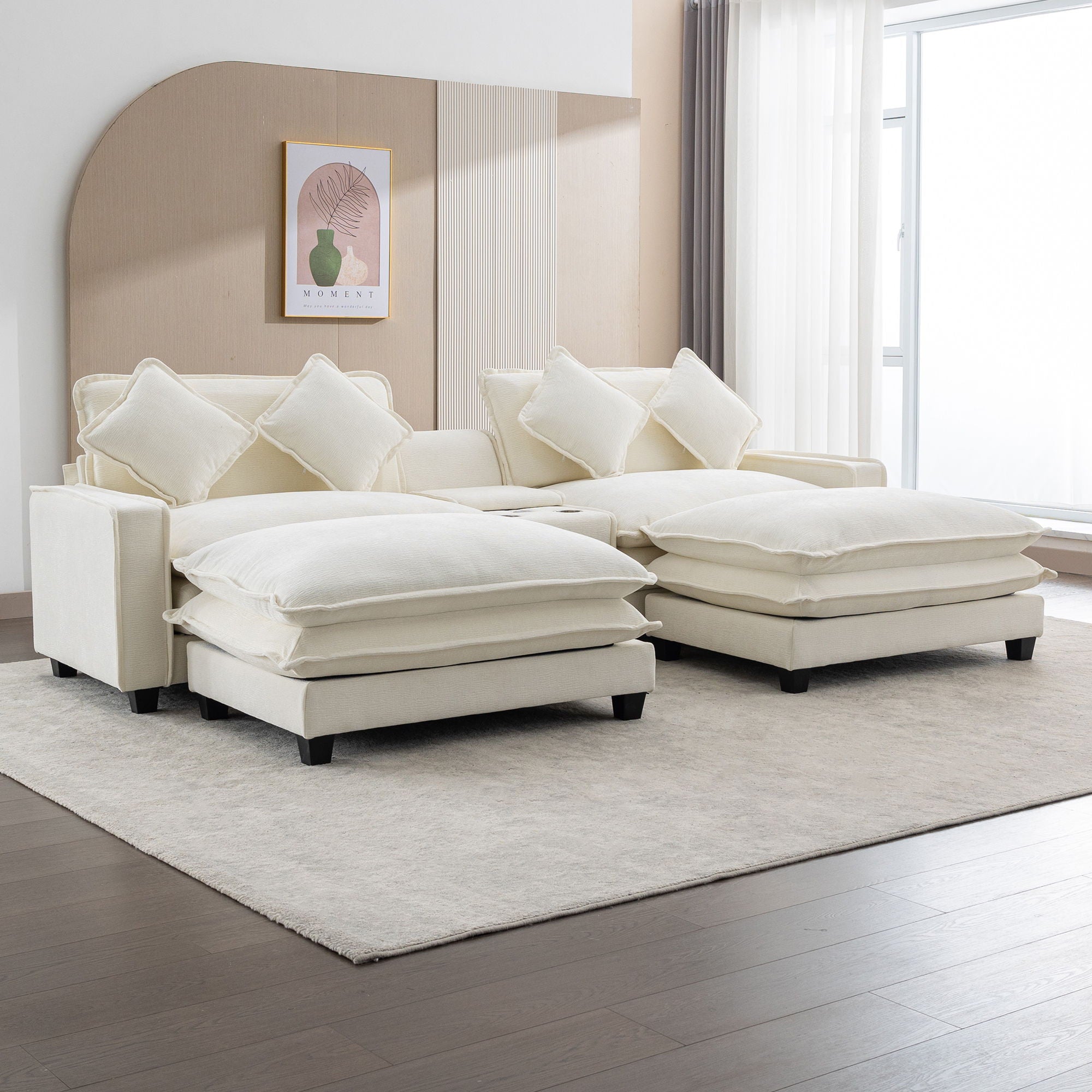 Sectional Sofa Upholstered Sofa With Two Removable Ottoman, Two USB Ports, Two Cup Holders And Large Storage Box For Living Room