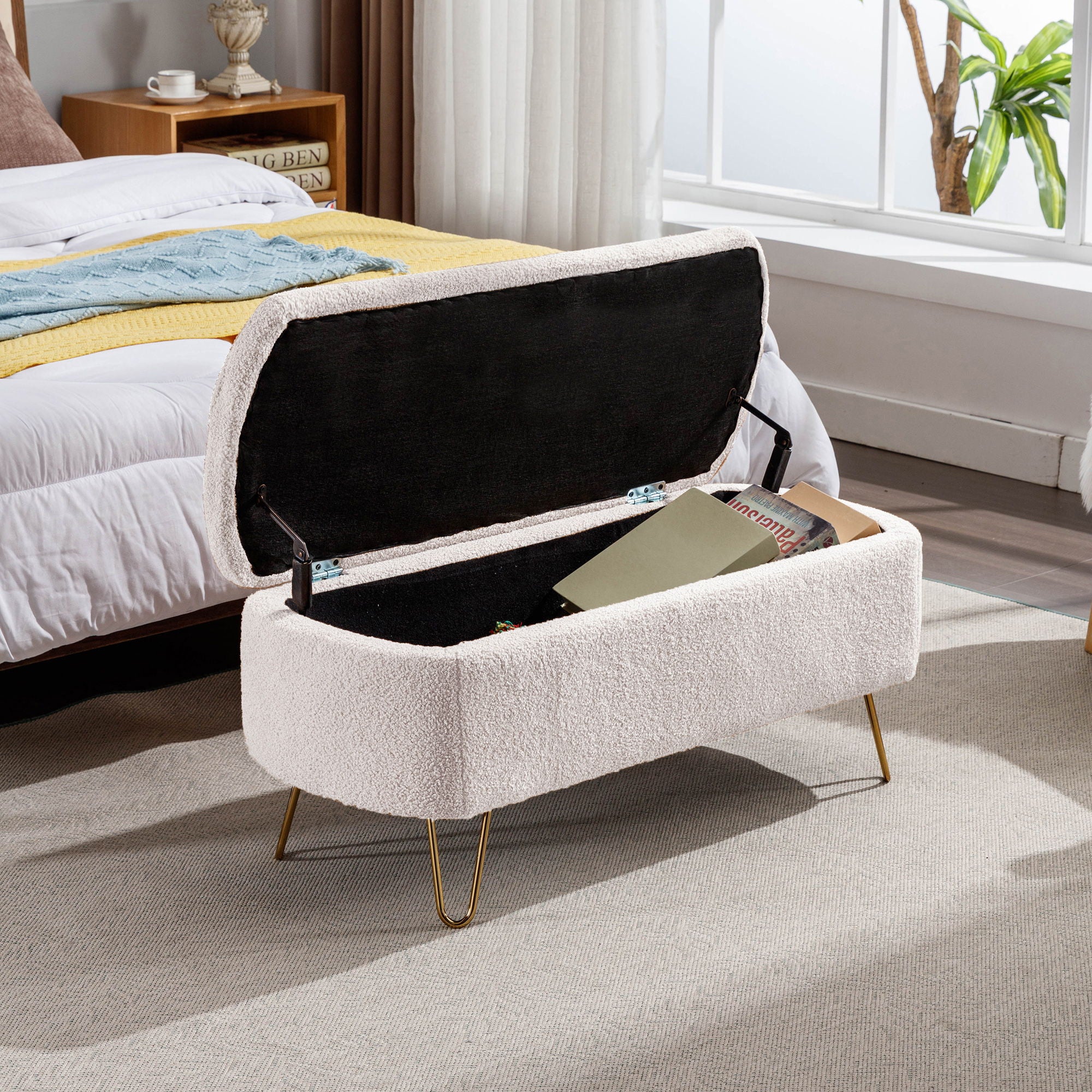 Storage Ottoman Bench For End Of Bed Legs, Modern Camel Faux Fur Entryway Bench Upholstered Padded With Storage For Living Room Bedroom
