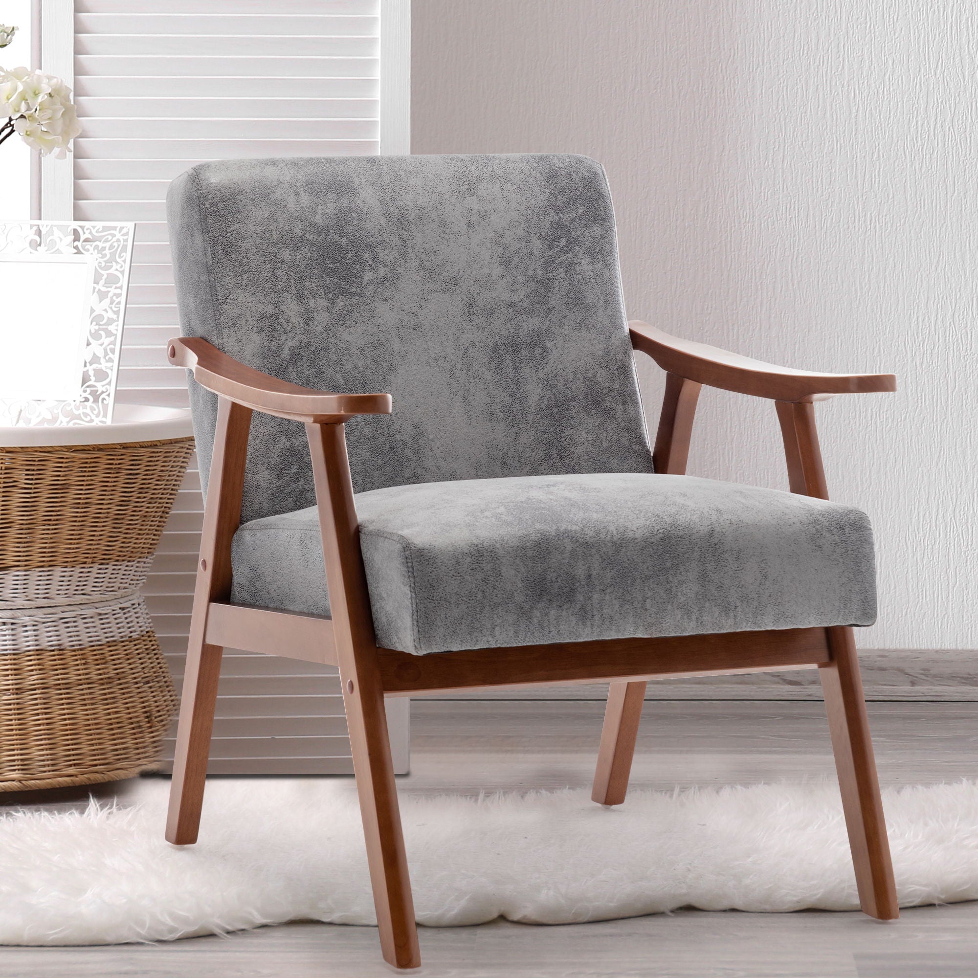 Mid Century Modern Accent Chair With Solid Wood Frame And Extra Thick Backrest