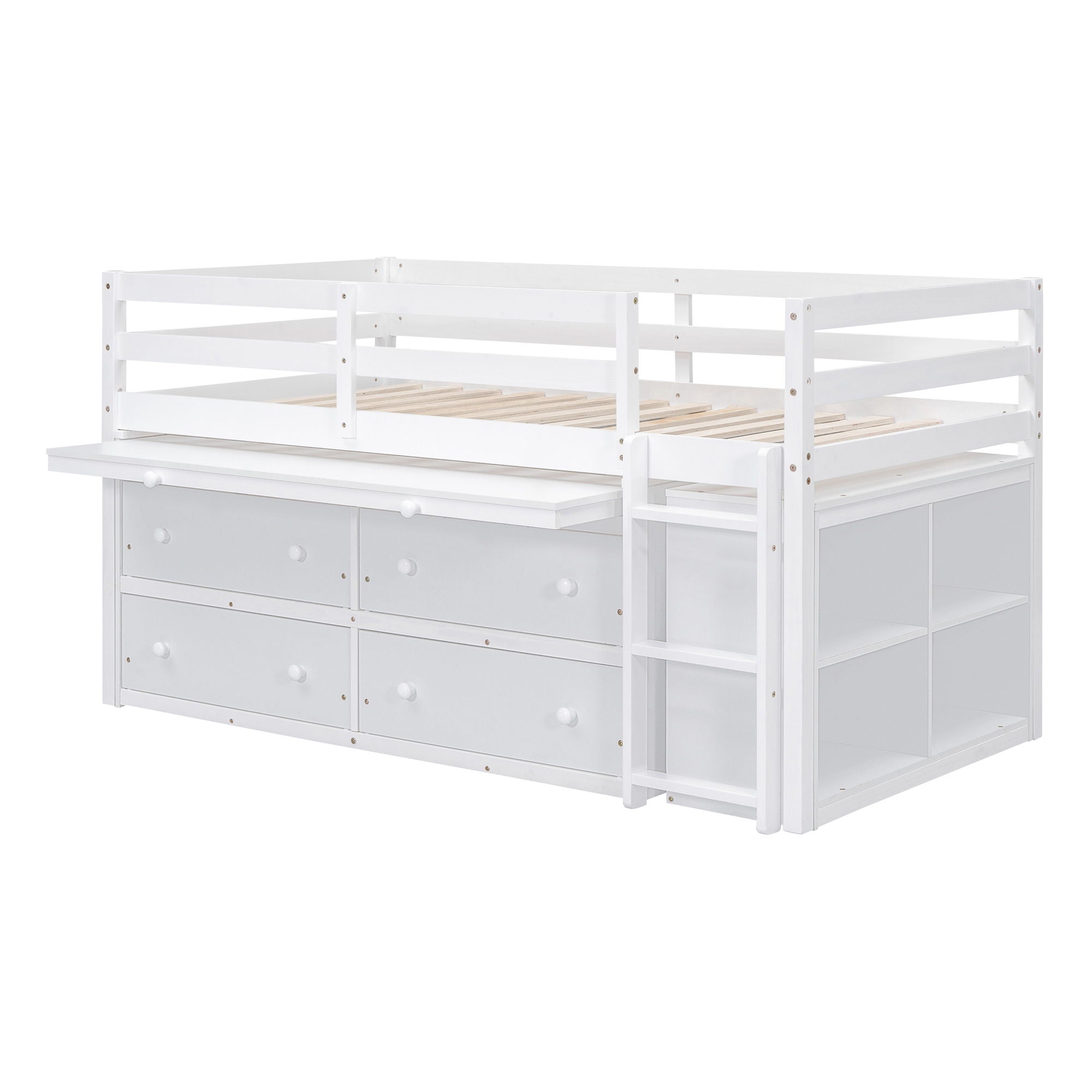 Loft Bed With Retractable Writing Desk And 4 Drawers, With Lateral Portable Desk And Shelves