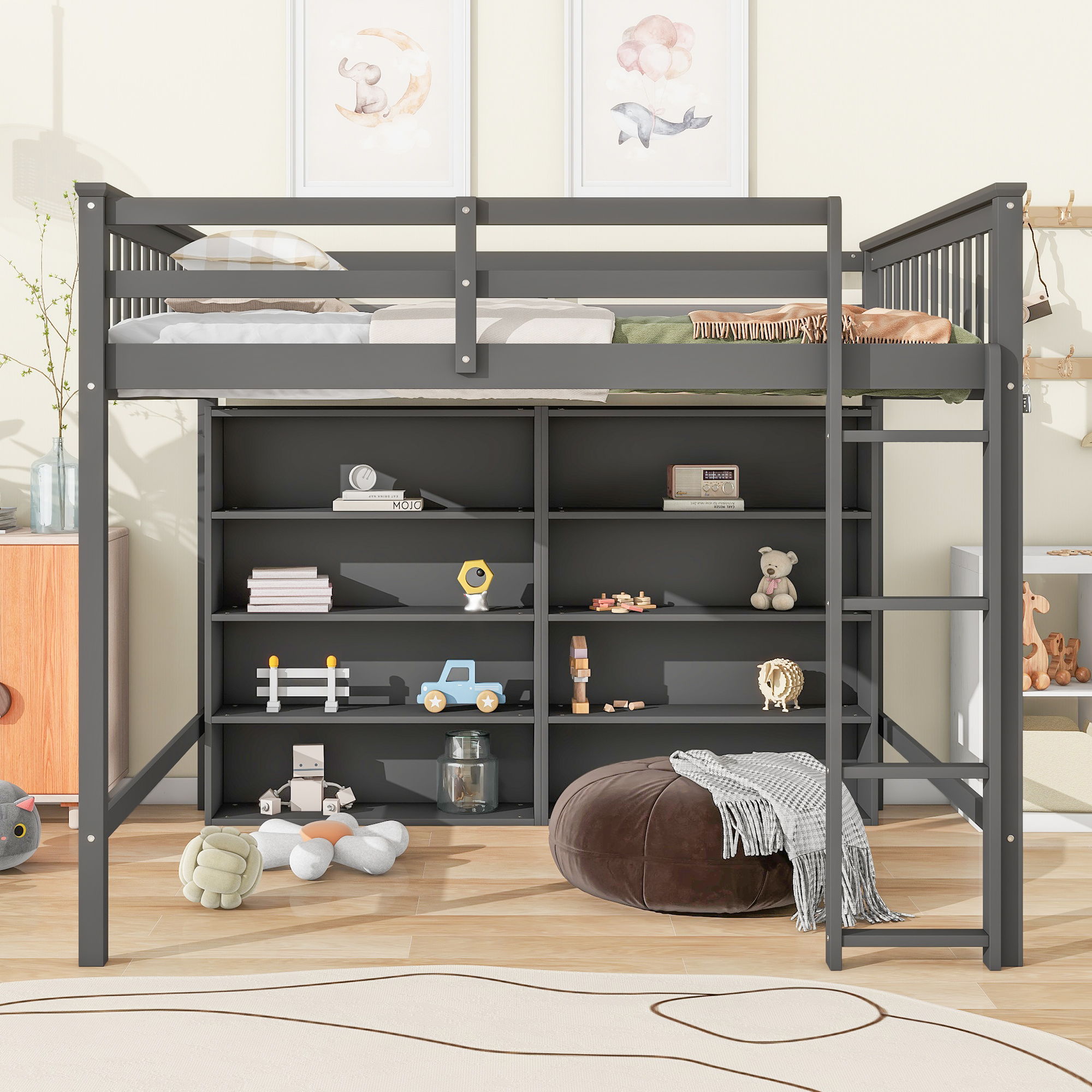 Loft Bed With 8 Open Storage Shelves And Built In Ladder