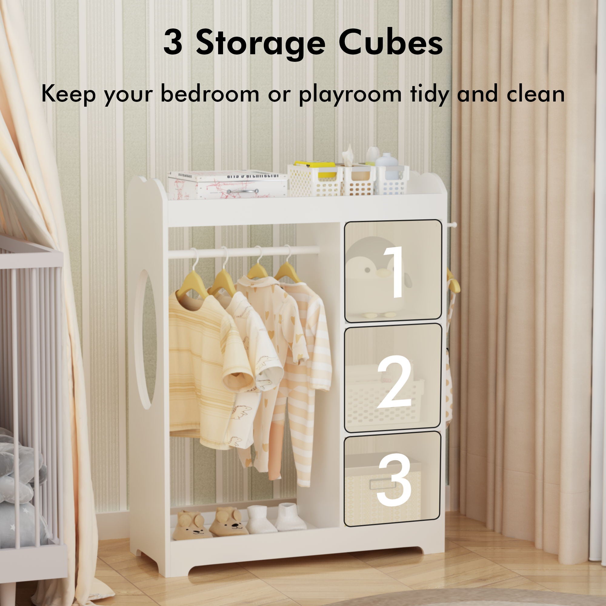 Dress Up Storage With Mirror And Hooks, Clothes Rack With Hanging Rod, 3 Side Hooks, Open Shelves, Top Shelf Organizer - White