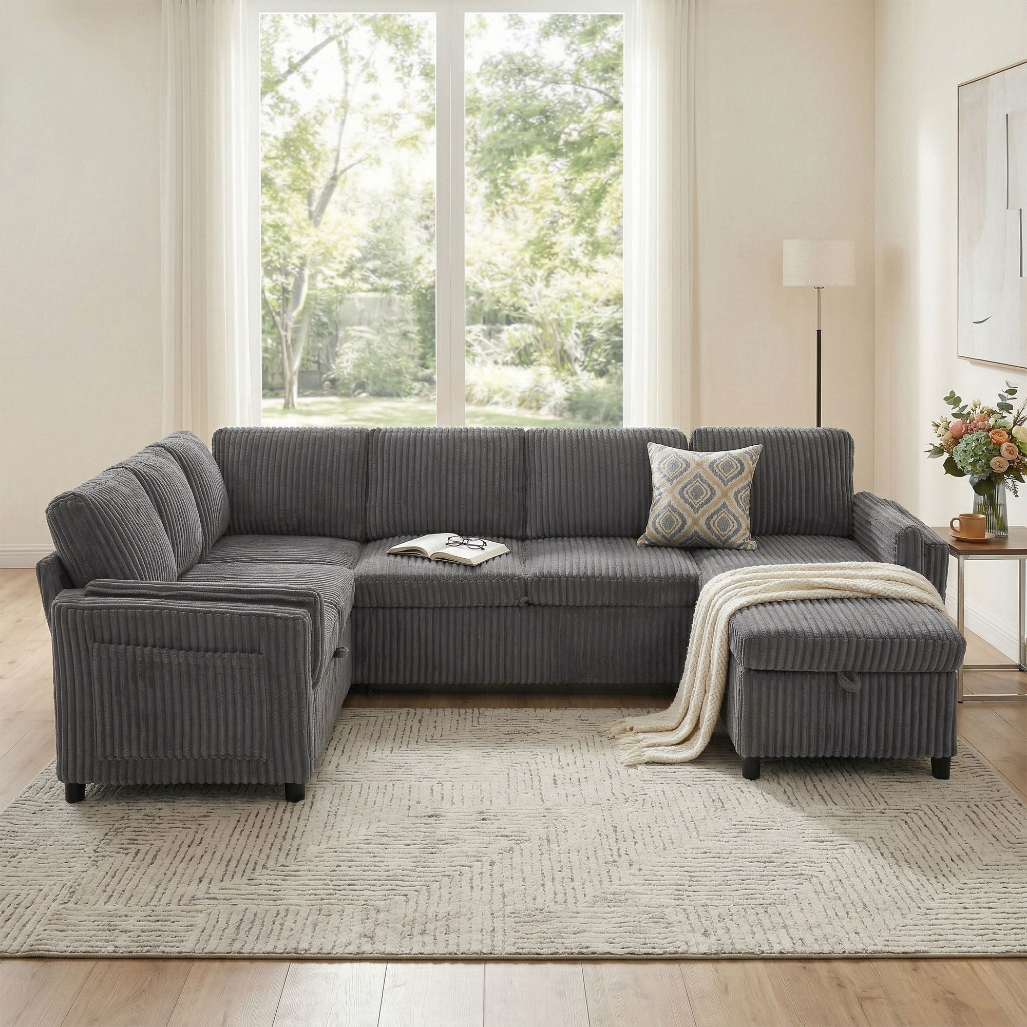 Convertible U-Shaped Sectional Sofa Bed With USB Ports And Storage