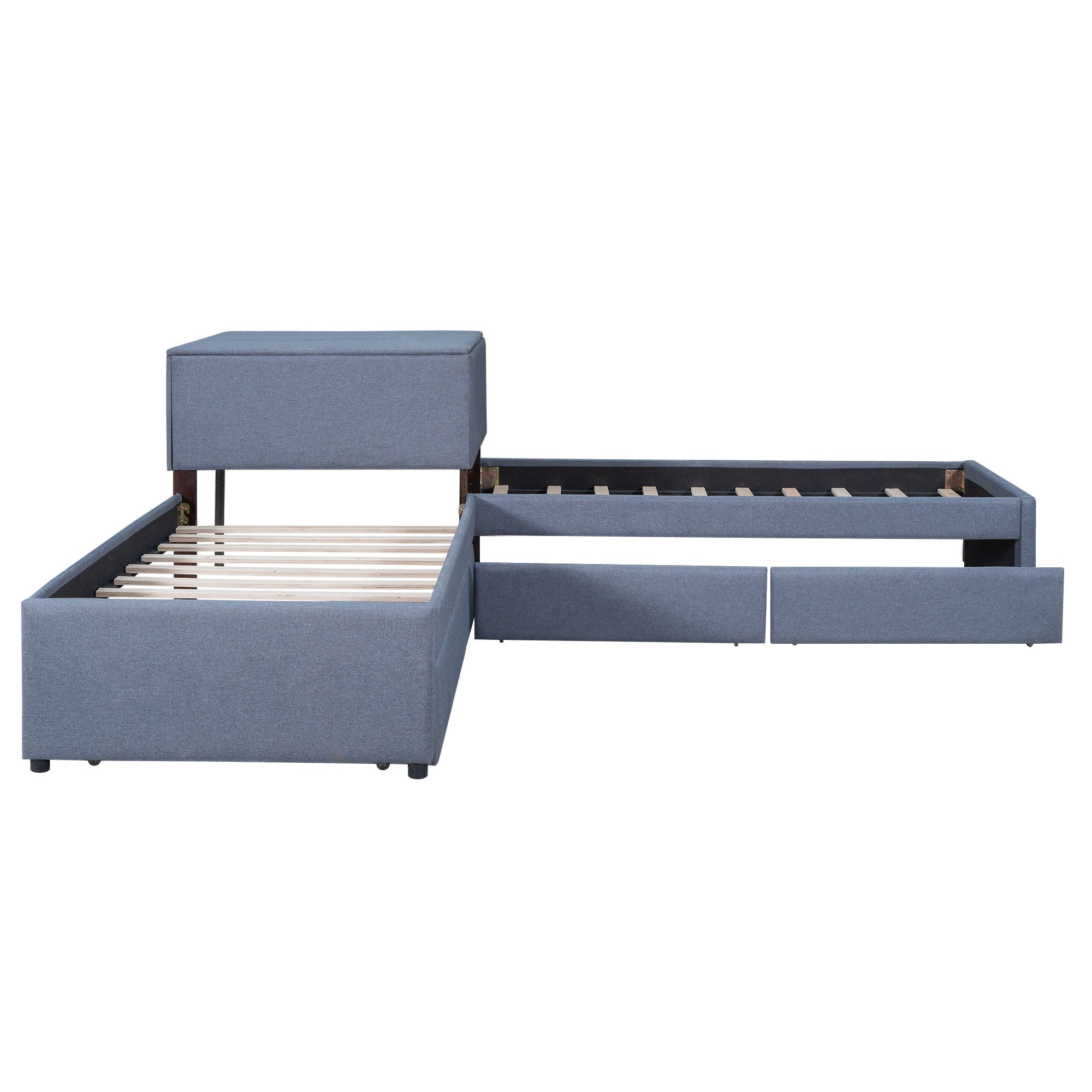 L Shaped Upholstered Platform Bed With Trundle And 2 Drawers Linked With Built In Desk