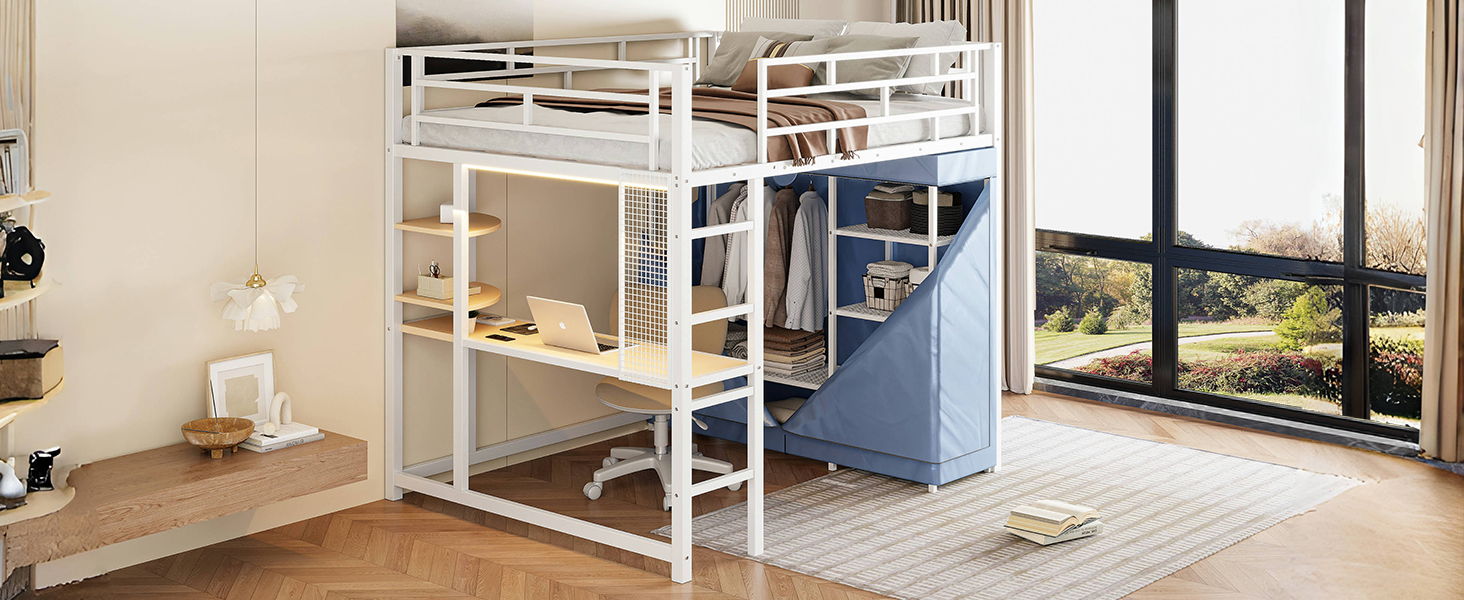 Loft Bed With Desk, Shelves, Power Outlet, LED Light And Wardrobe
