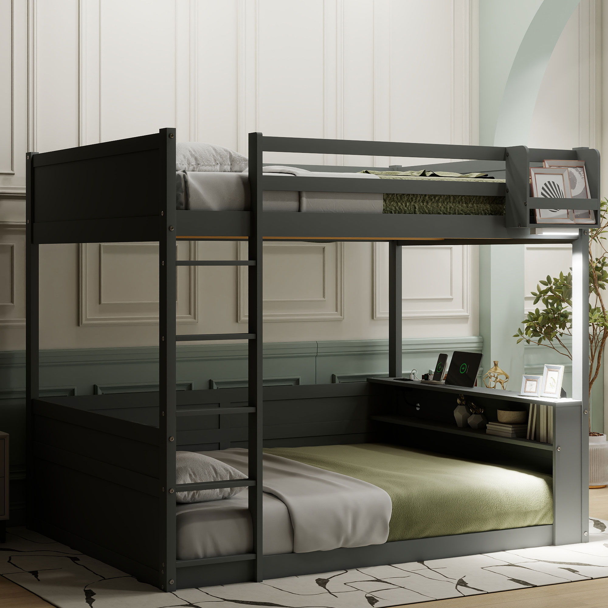 Bunk Bed With Built In Shelves, Storage Box, LED Light And USB Charging Station
