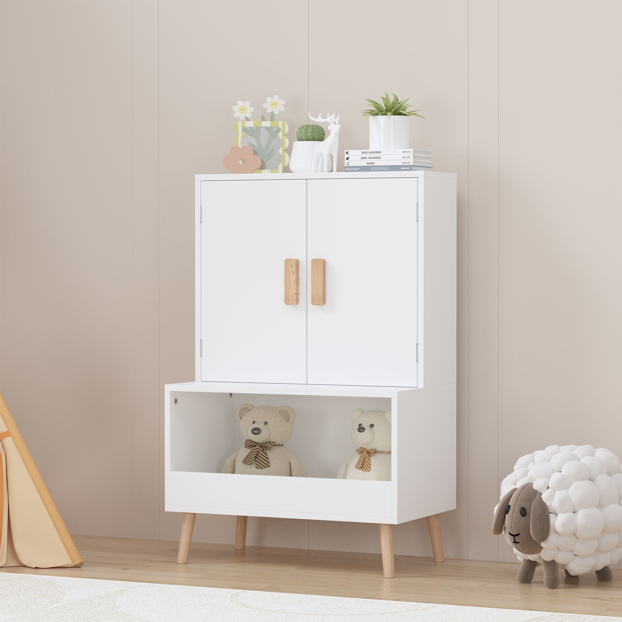 Toy Storage Cabinet With Doors And Open Shelf, Toddler Bookshelf For Playroom - White