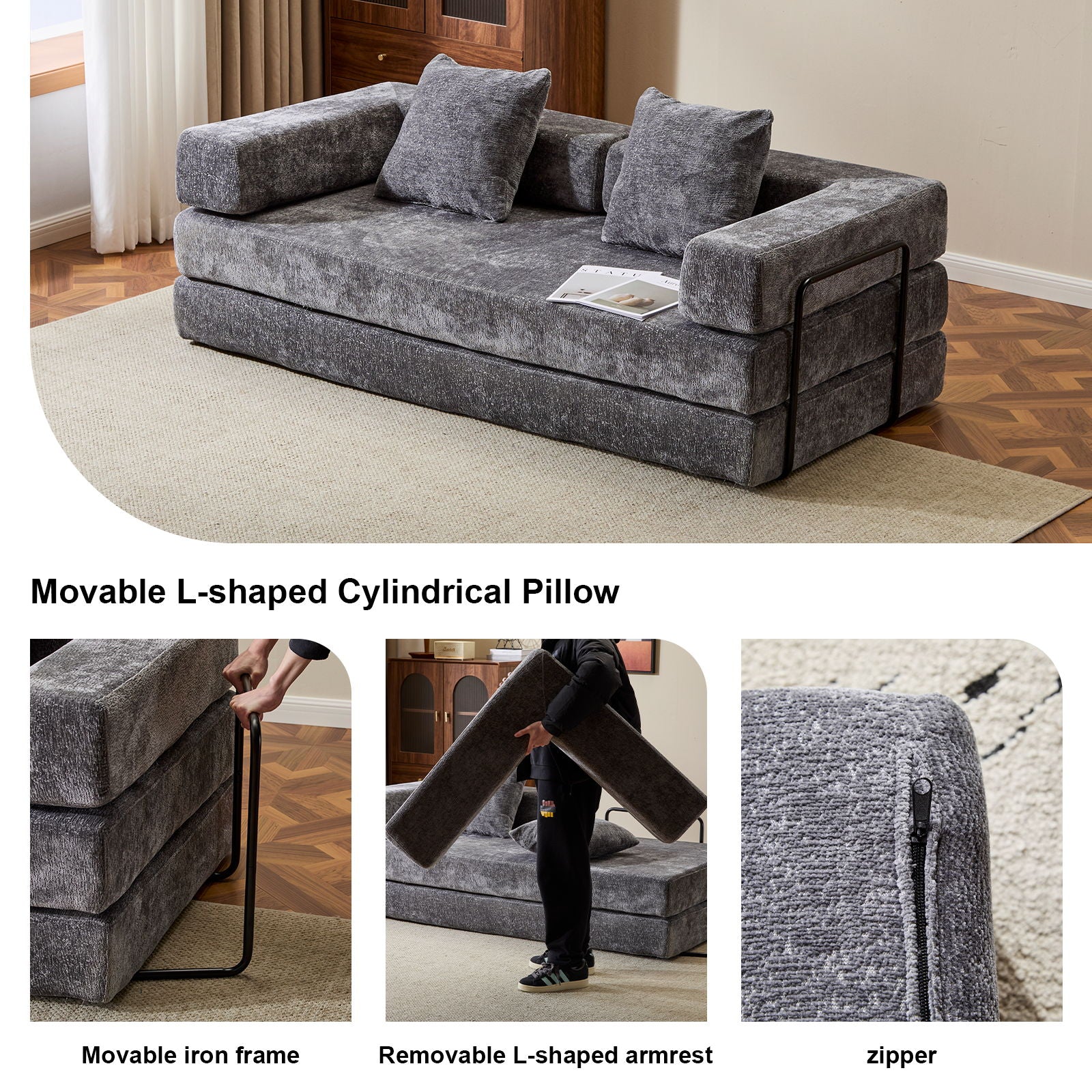 Convertible Floor Sofa Bed With Pillow Back Support Armrest