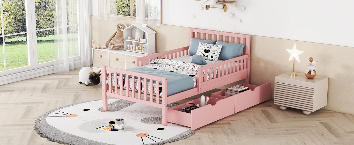 Platform Bed With Guardrails On Both Sides And 2 Storage Drawers